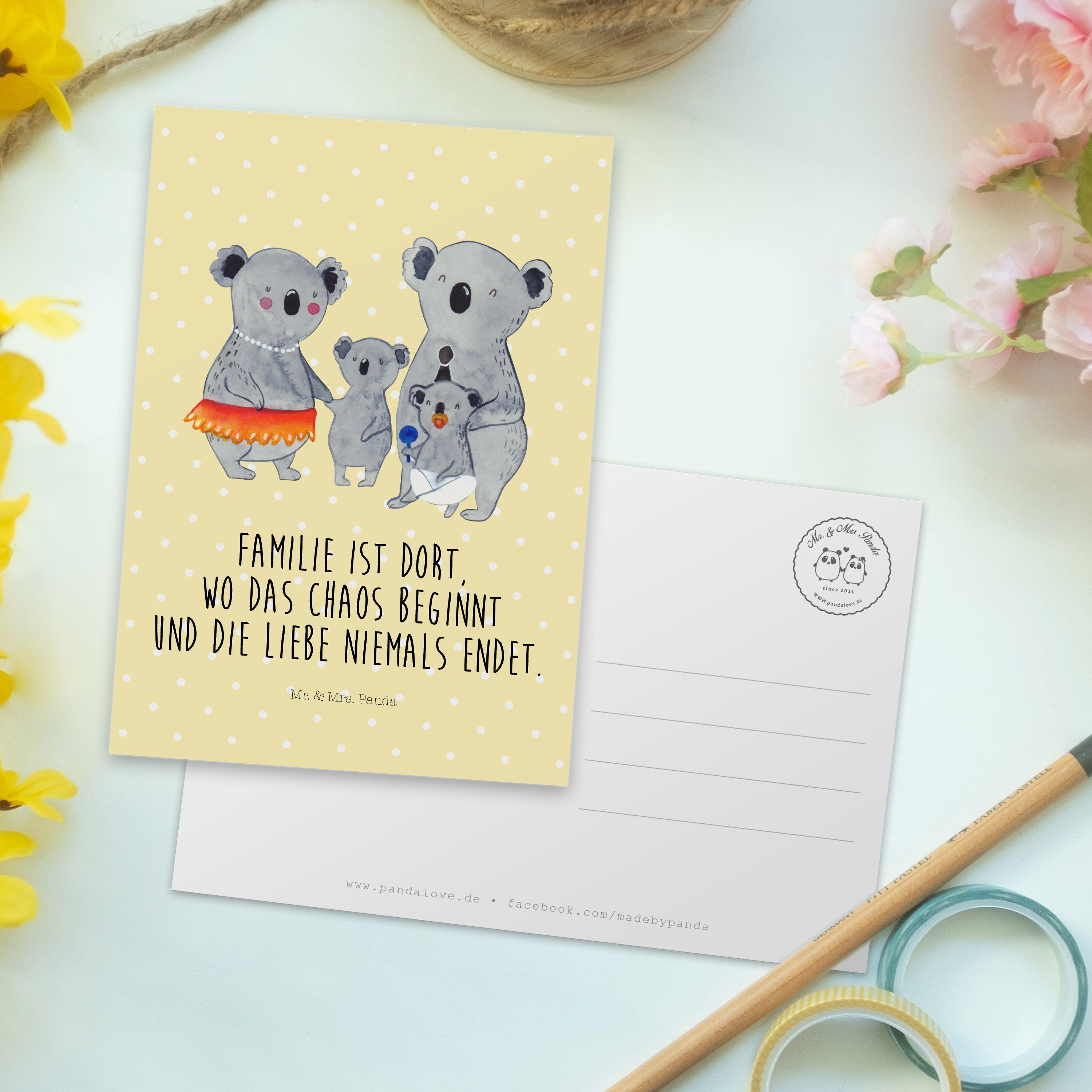 Mr. & Mrs. Panda Koala Familie - Geschw Kinder, Gelb Geschenk, - Postkarte Koalas, Pastell Mama