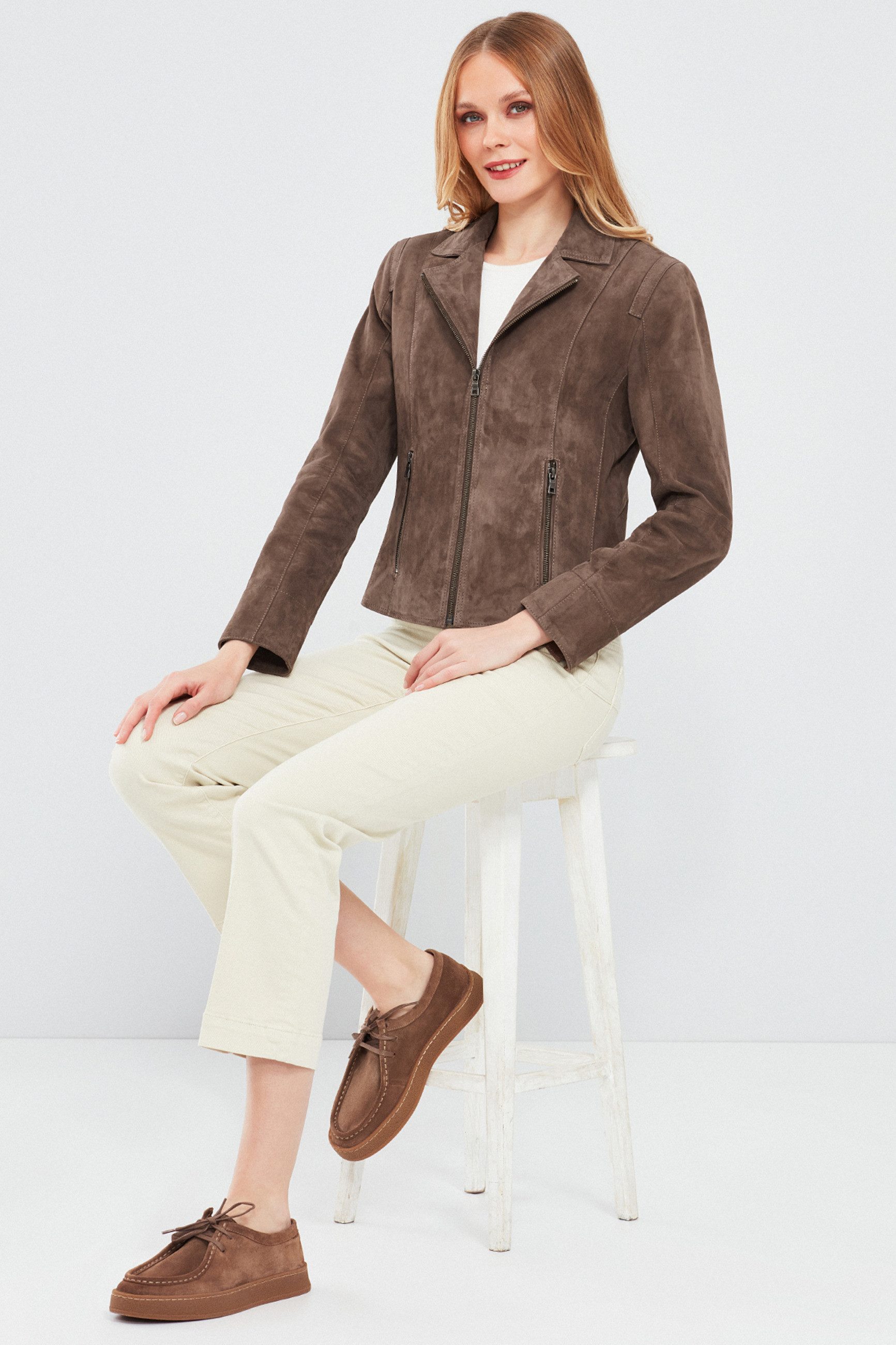 Derimod Lederjacke Lara Wildlederjacke Regular Fit, Reißverschluss, Reverskragen, Kurz, Textilfutter