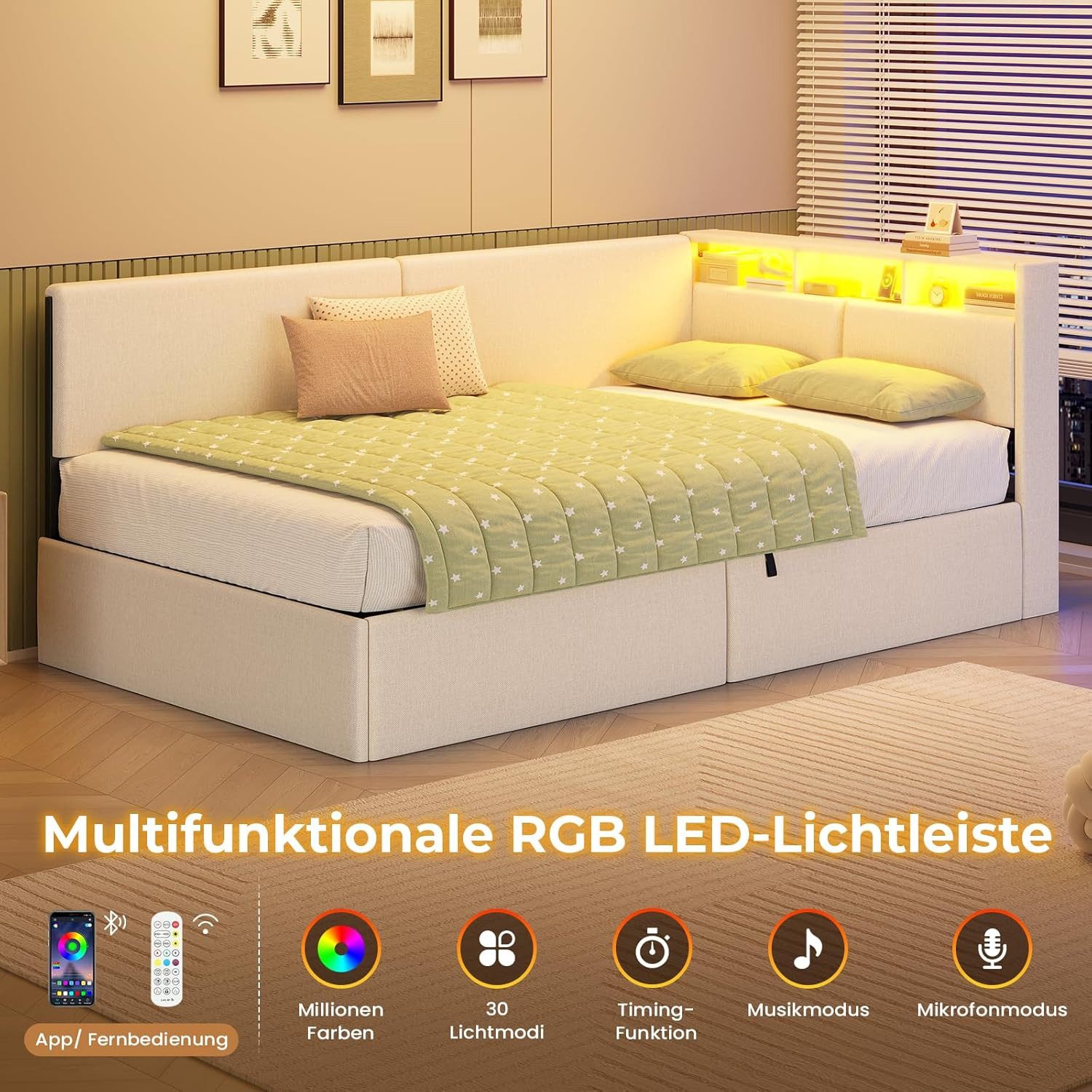 MSMASK Polsterbett mit USB-Steckdosen & LED-Kopfteil, Eckmontage möglich, Jugendbett (Ohne Matratze), Schlafsofa 90x200 cm mit Hydraulischem Stauraum – Bild 5 von 5