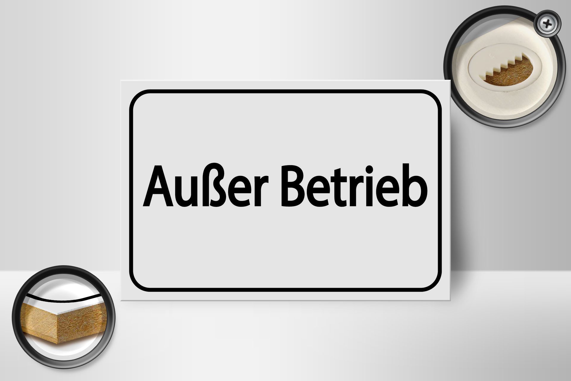 Femer GmbH Holzbild Hinweis 12x18 cm Außer Betrieb weißes, (1 St), Glatte Holzfaserplatte (MDF), vorn beschichtet