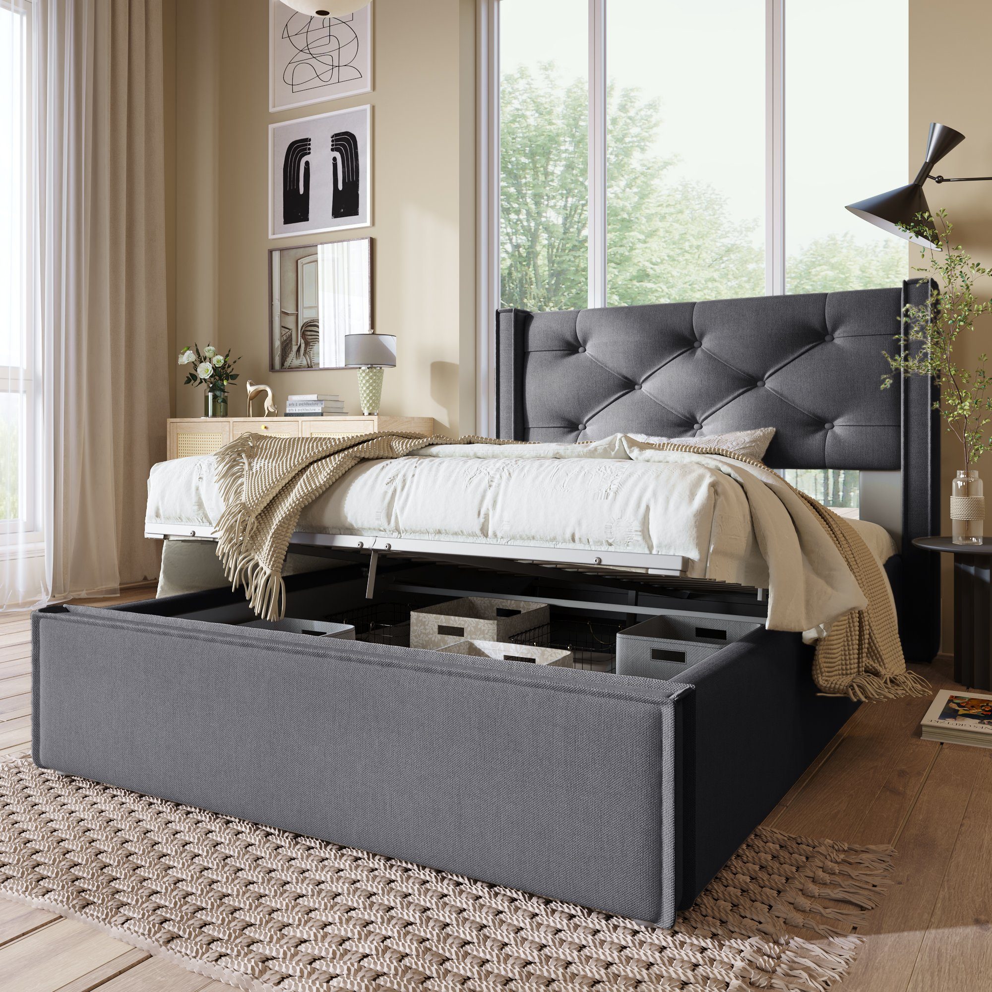 Boxspringbett (Polsterbett Einzelbett 90x200 cm mit edler Knopfheftung), Hydraulisches Funktionsbett mit Bettkasten und Lattenrost, Baumwolle