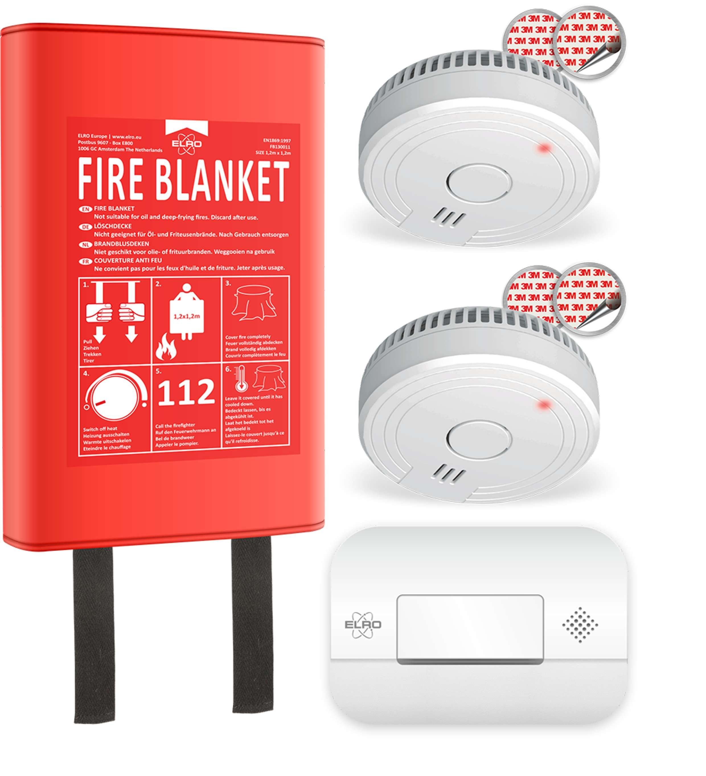 Elro FF040411 Rauchmelder (Brandschutz-Kit - 2x Rauchmelder - 1x COMelder - 1x Löschdecke)
