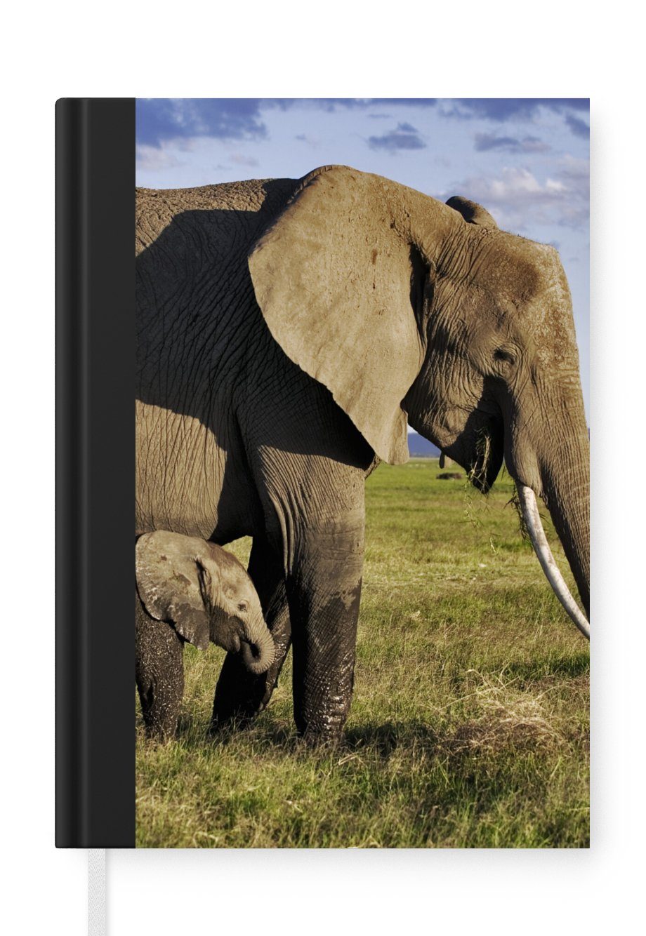 MuchoWow Notizbuch Elefant - Tiere - Grasland - Grün - Grau, Journal, Merkzettel, Tagebuch, Notizheft, A5, 98 Seiten, Haushaltsbuch