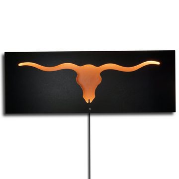 ZENLED Wanddekoobjekt TORO Stierkopf Longhorn Bull 110x40cm - Lichtkunst mit 3D-Effekt, mit dimmbaren LEDs hinterleuchtete Doppelplatte aus Holz und Metall