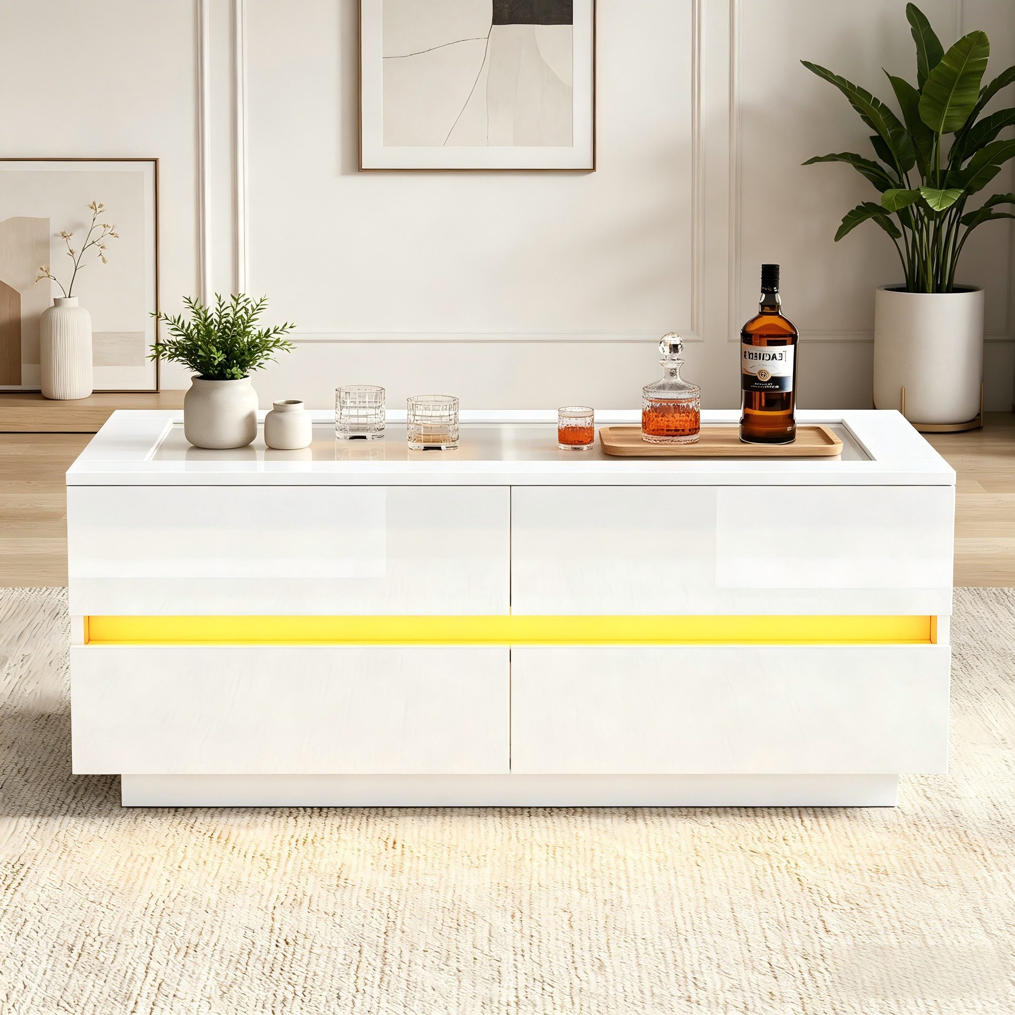 Merax Couchtisch hochglanz Sofatisch Beistelltisch mit LED-Beleuchtung (95x45x35 cm, 1-St), Wohnzimmertisch mit 4 Schubladen, gehärteter Glasplatte & Stauraum – Bild 2 von 5