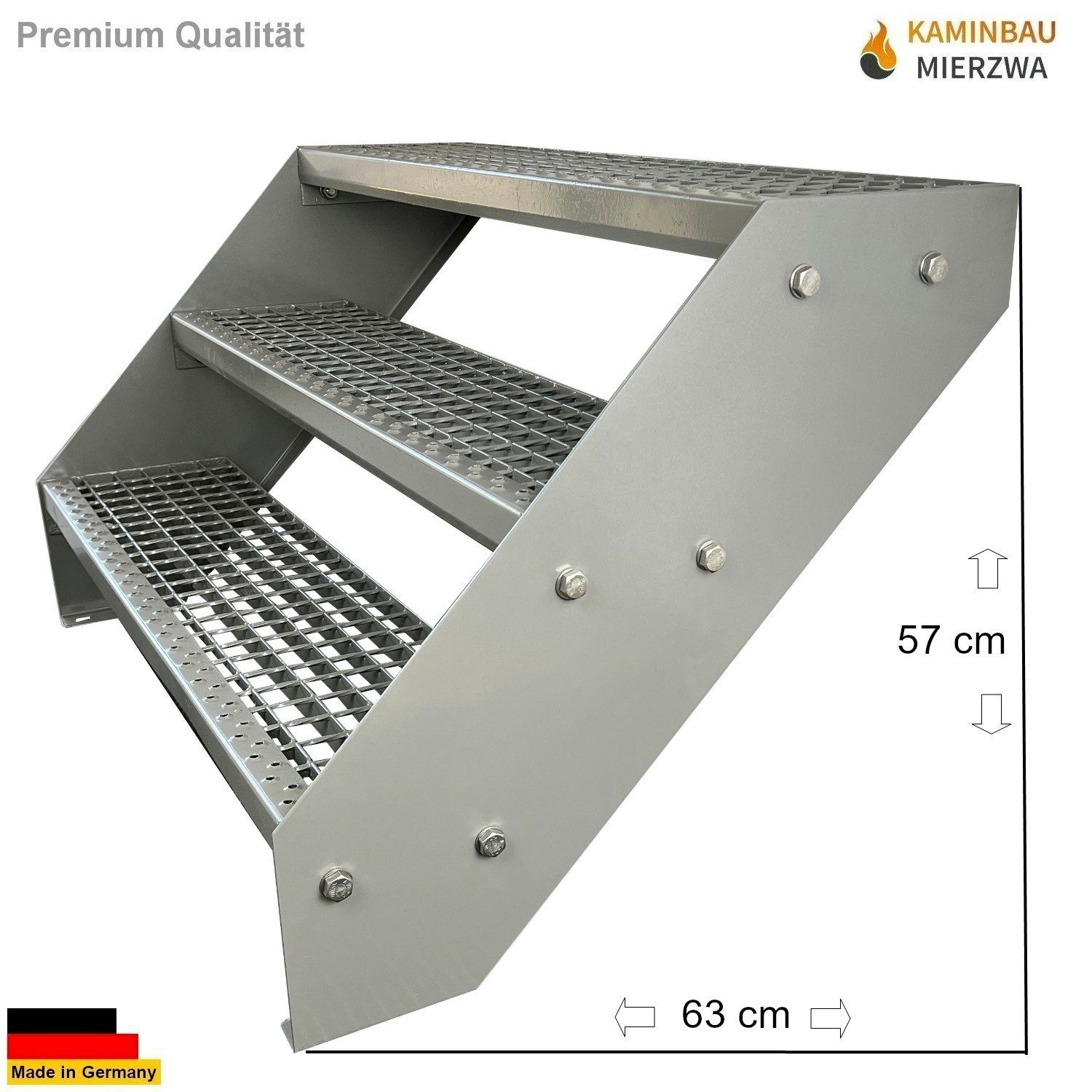 Kaminbau Mierzwa Außentreppe Premium Treppe Komplett Silber Höhe Verstellbar, für Geschosshöhen bis 57 cm, Stufen Gitterroststufen nach DIN 24531, (Höhe 57 cm, Breite wählbar aus 60, 80, 100, 120, 140 cm), Gartentreppe Stahltreppe Wetterfest Rostfrei Feuer-Verzinkt Rutschfest