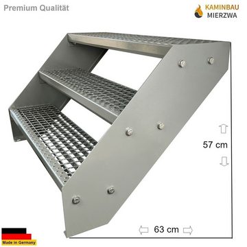 Kaminbau Mierzwa Außentreppe Premium Treppe Komplett Silber Höhe Verstellbar, für Geschosshöhen bis 57 cm, Stufen Gitterroststufen nach DIN 24531, (Höhe 57 cm, Breite wählbar aus 60, 80, 100, 120, 140 cm), Gartentreppe Stahltreppe Wetterfest Rostfrei Feuer-Verzinkt Rutschfest