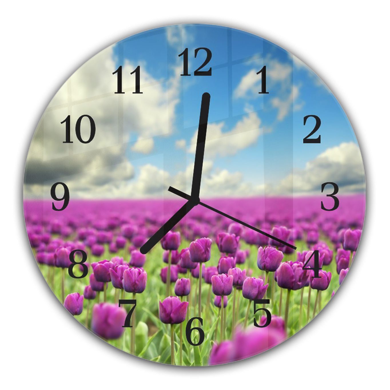 Primedeco Wanduhr Wanduhr aus Glas mit Motiv Tulpen im Frühling - Rund mit Durchmesser 30 cm und Quarzuhrwerk