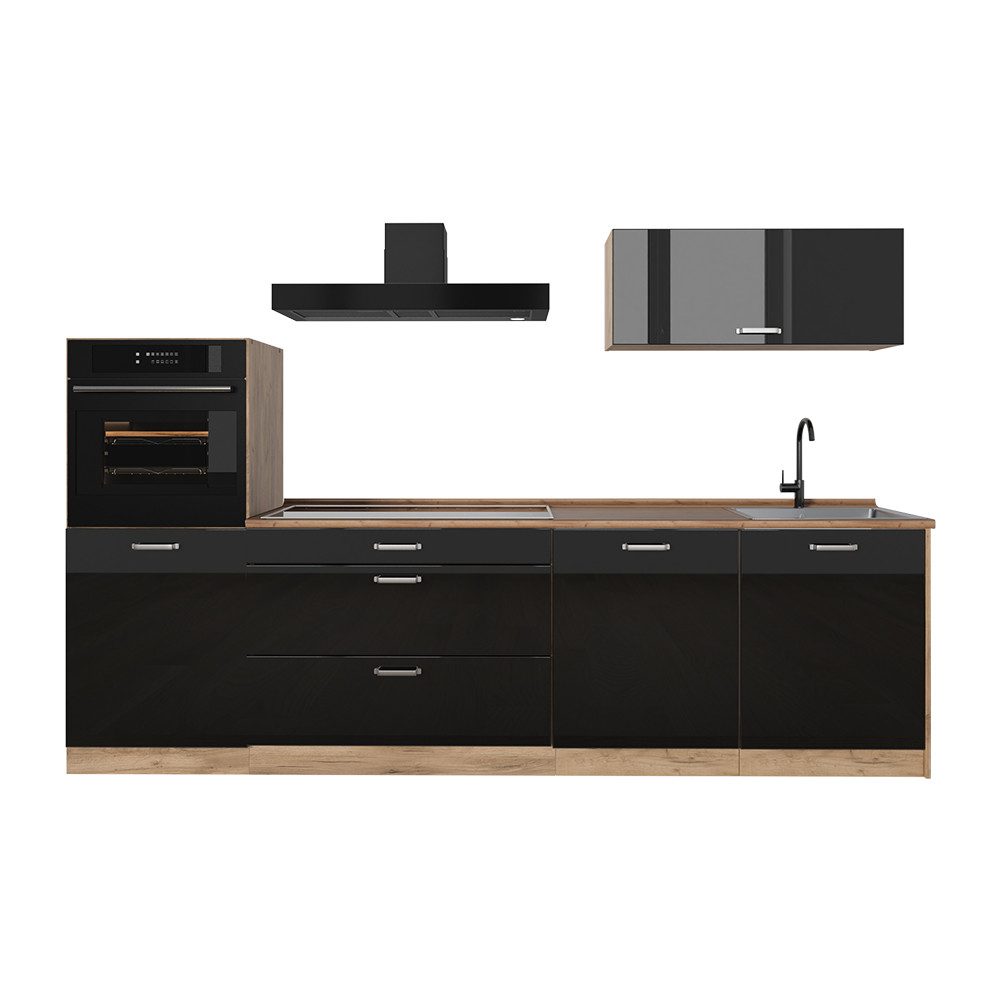 Vicco Küchenzeile R-Line, Schwarz Hochglanz/Goldkraft Eiche, 280 cm ohne Arbeitsplatte