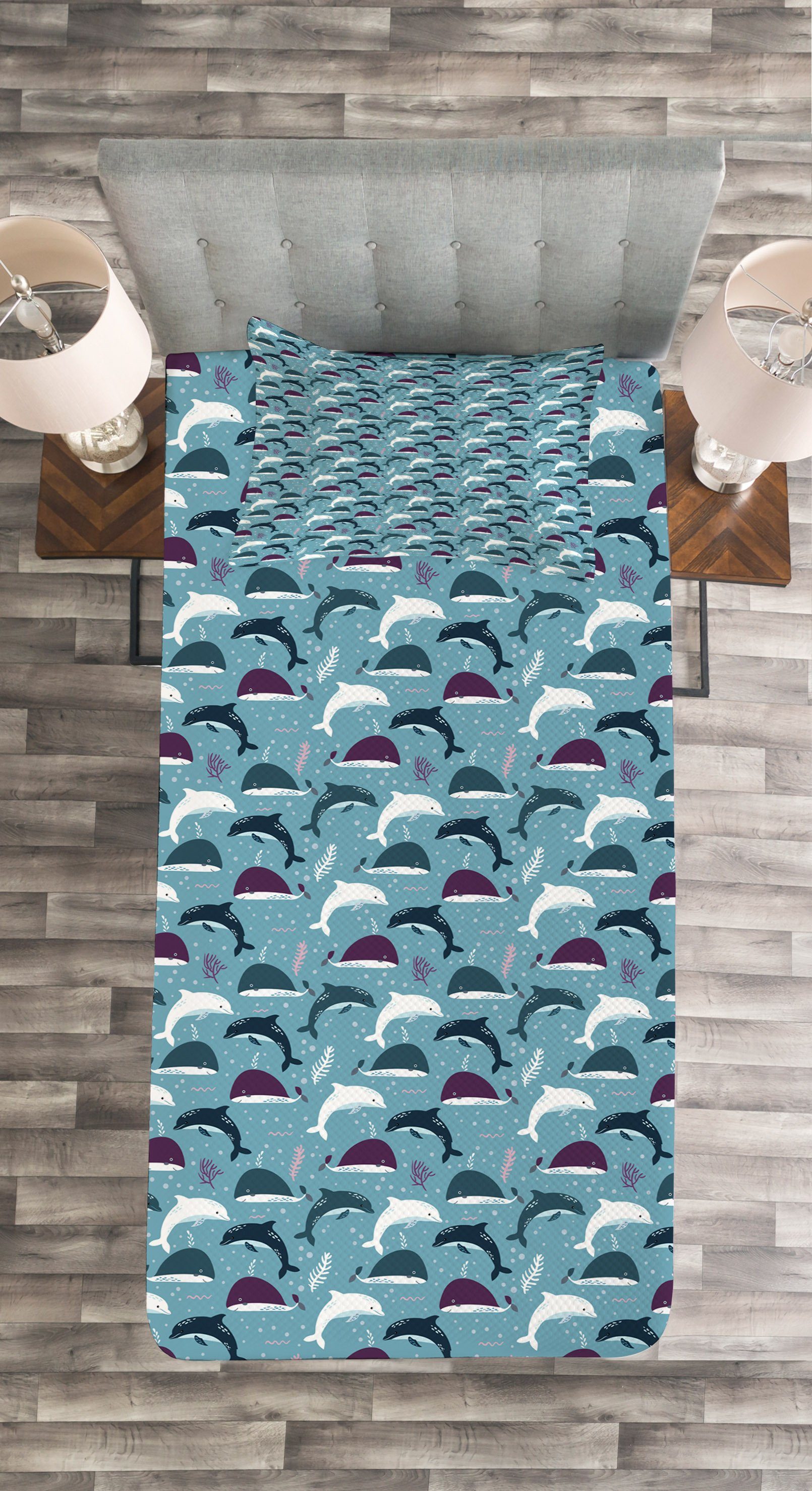 Tagesdecke Set mit Delphin Kissenbezügen Cartoon-Wal und Nautisch Waschbar, Abakuhaus