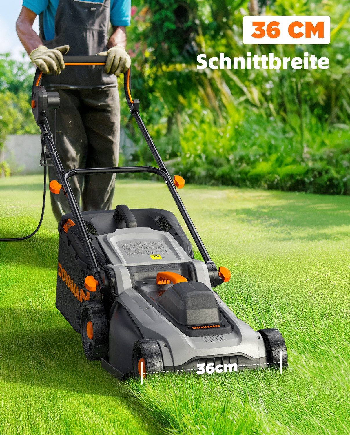 DOVAMAN Elektrorasenmäher 1500W, 36 cm Schnittbreite, 6-fach Höhe, 36 cm Schnittbreite, 40L Fangkorb, klappbarer Griff