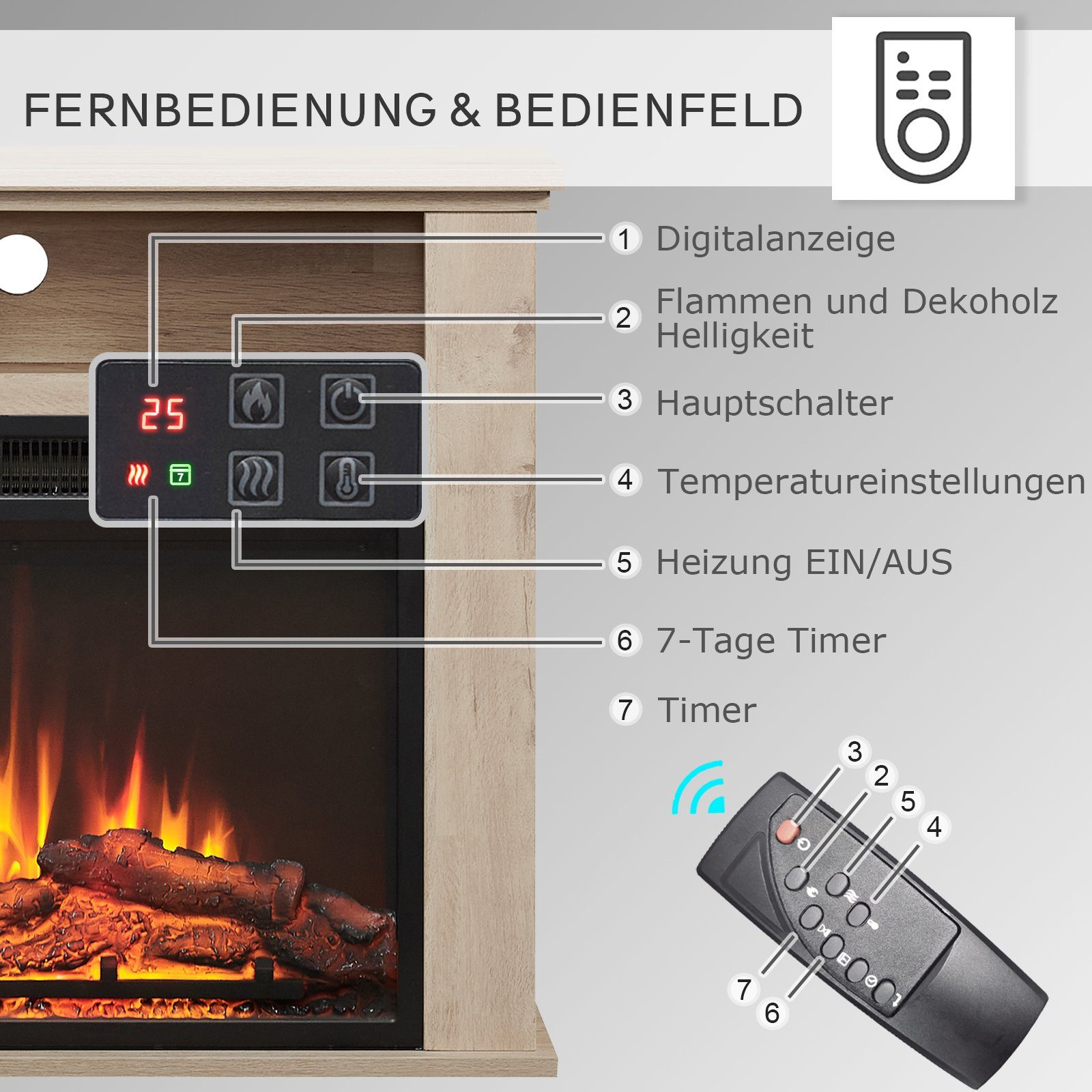 Balderia Elektrokamin Timer, Thermostat Heizung Eiche Frida, 2000W, Standkamin Fernbedienung, mit helle 3D-Flammeneffekt
