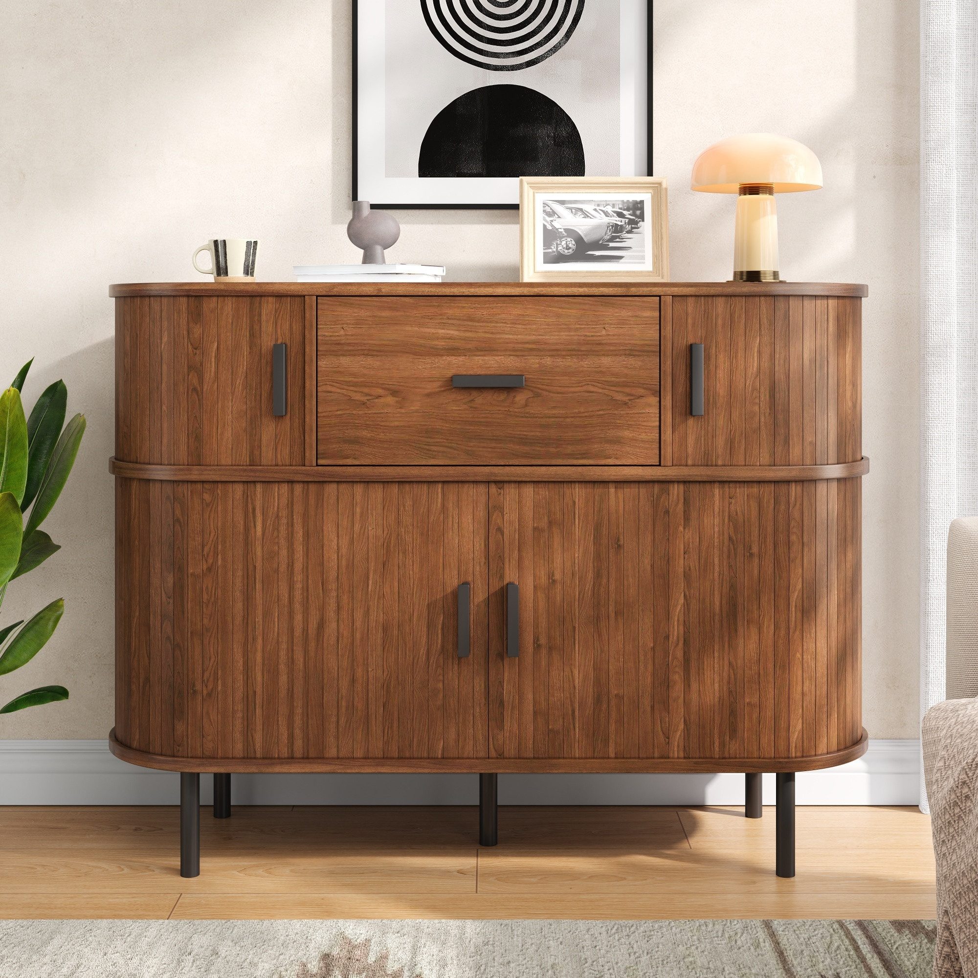 Merax Sideboard mit 4 Schiebetüren, 1 Schublade & Stauraum (1 St), Kommode Aufbewahrungsschrank Anrichte, 110Lx35Bx81,5Hcm