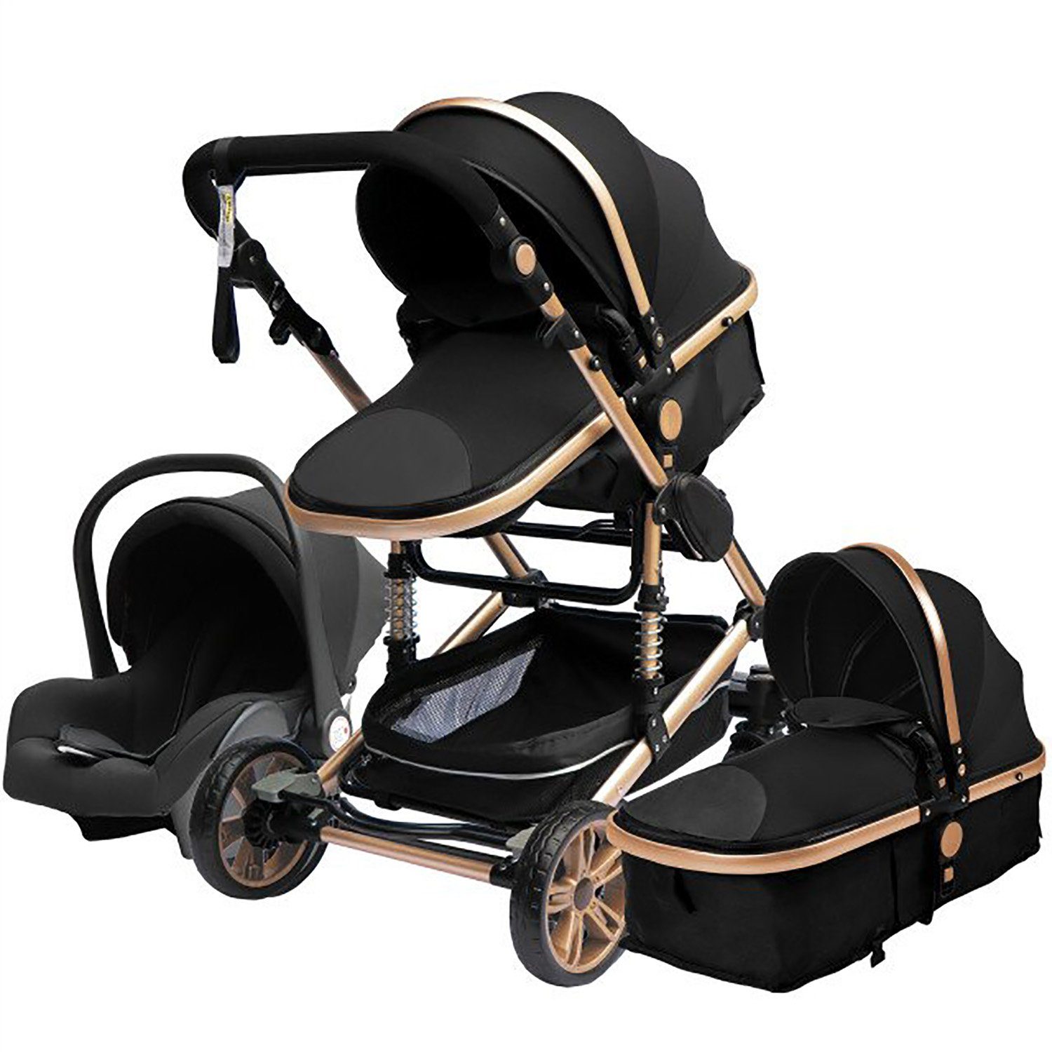 TPFFamily Kombi-Kinderwagen Babyschale Baby Buggy Babywanne 5-Punkt-Sicherheitsgurt Moskitonetz, Getränkehalter Kinderwagen 3 in 1 inkl. Großem Zubehörset Schwarz-Gold