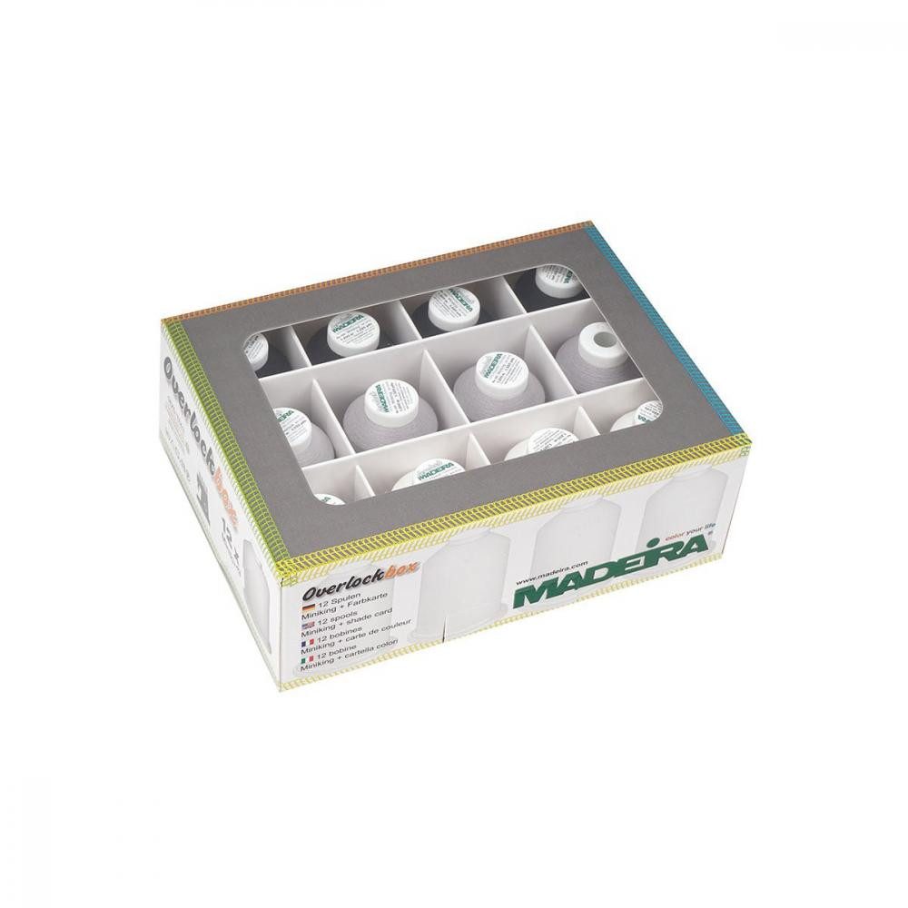 Madeira - Aerolock + Aeroflock Overlockbox 12 Konen Overlockgarn, (Packung, 3 Konen Aerolock No.125 / 3 Konen Aeroflock No.100), 12 Konen in verschiedenen Farben