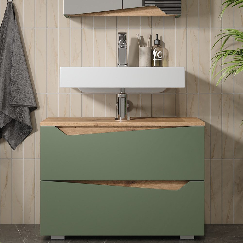 Vicco Waschbeckenunterschrank Marelle, Grün/Artisan, 80 x 57.5 cm mit 2 Schubladen (1-St)