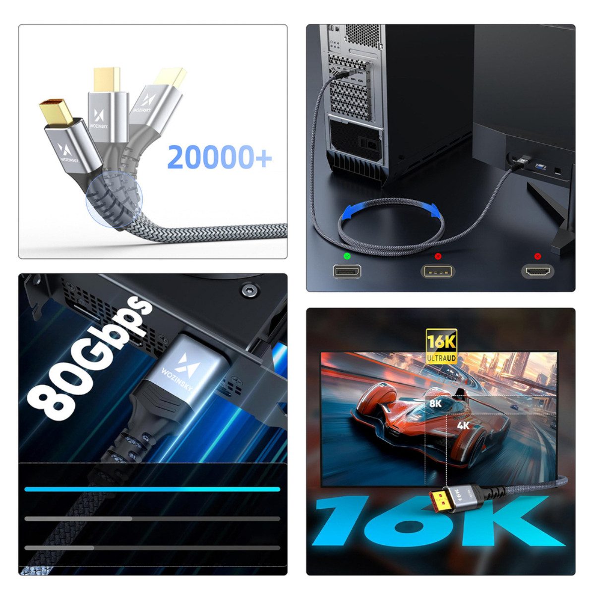 Wozinsky WPS-16AYL3S HDMI-Kabel, DisplayPort Stecker, (300 cm), DisplayPort 2.1 80 Gbit/s 16K 8K 4K 240Hz HDR DSC