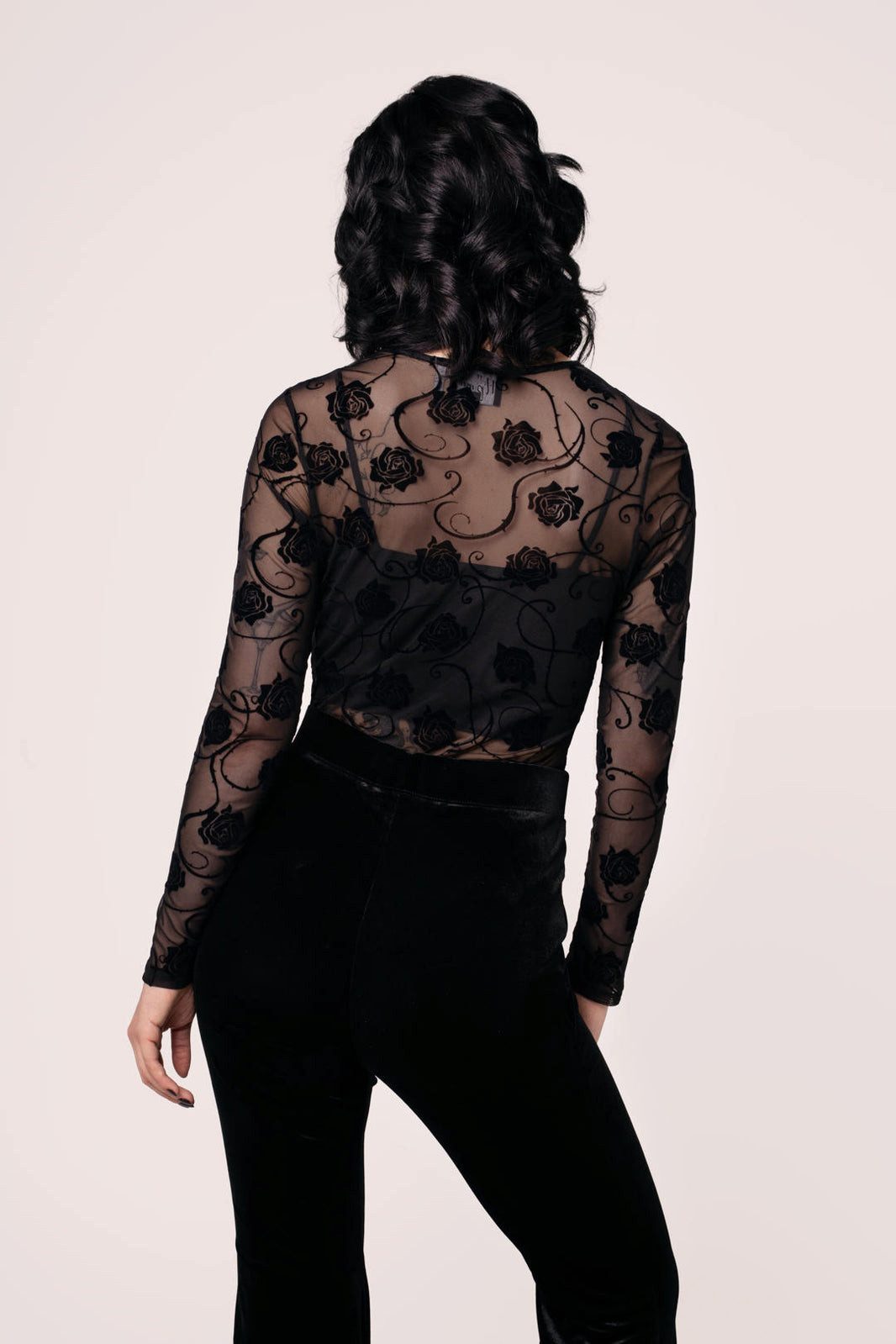 Hell Bunny Mesh-Top Florence Langarm Mesh Netz Spitze Samt Rosen Rose Oberteil