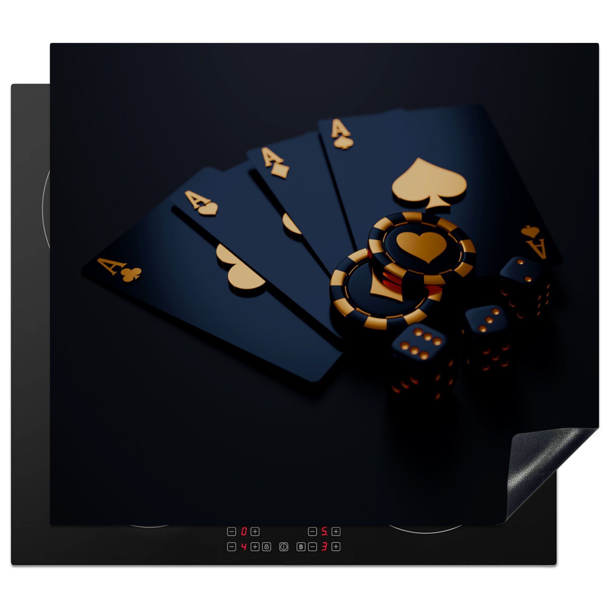 Gold Herdblende-/Abdeckplatte MuchoWow Poker Arbeitsfläche Mobile - nutzbar, Schwarz, 60x52 (1 Münzen Vinyl, - Spielkarten cm, tlg), - Ceranfeldabdeckung -