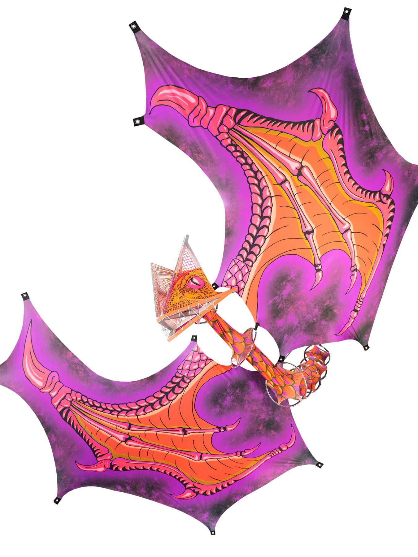 PSYWORK Dekoobjekt Schwarzlicht StringArt Drache Spandex Flügel "Dragon Temple Orange" 6m, UV-aktiv, leuchtet unter Schwarzlicht