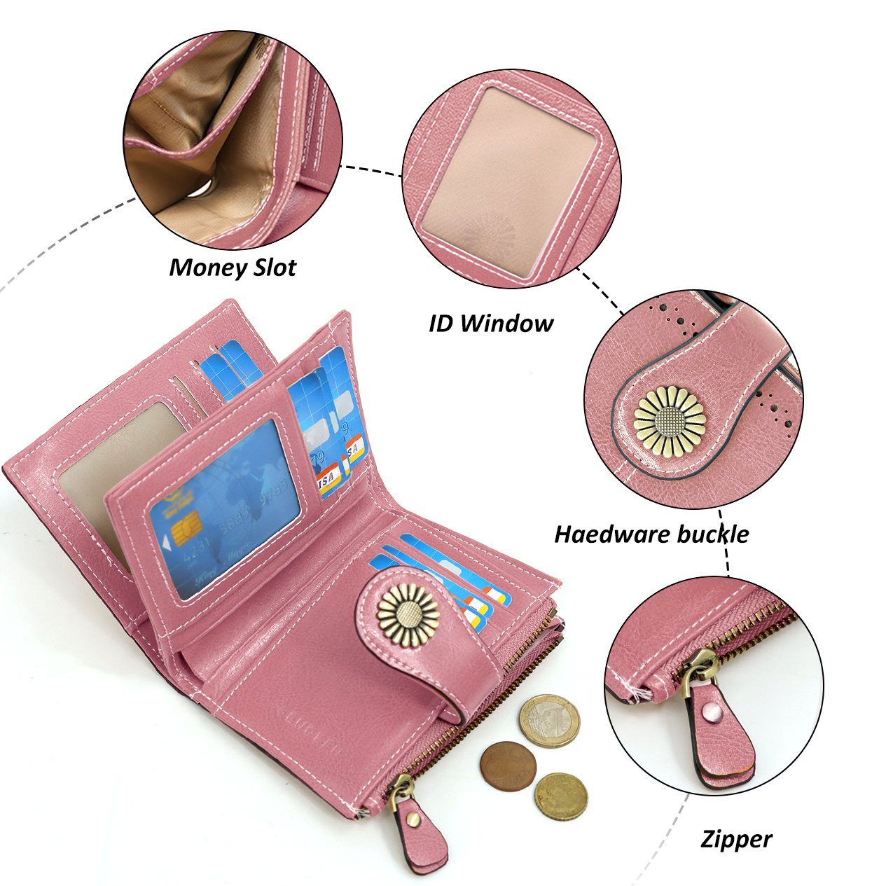 Schutz,Geldbeutel Rosa Portemonnaie Druckknopf mit Brieftasche TAN.TOMI mit Elegante RFID mit und Fächer viele Damen, Reißverschluss Damen