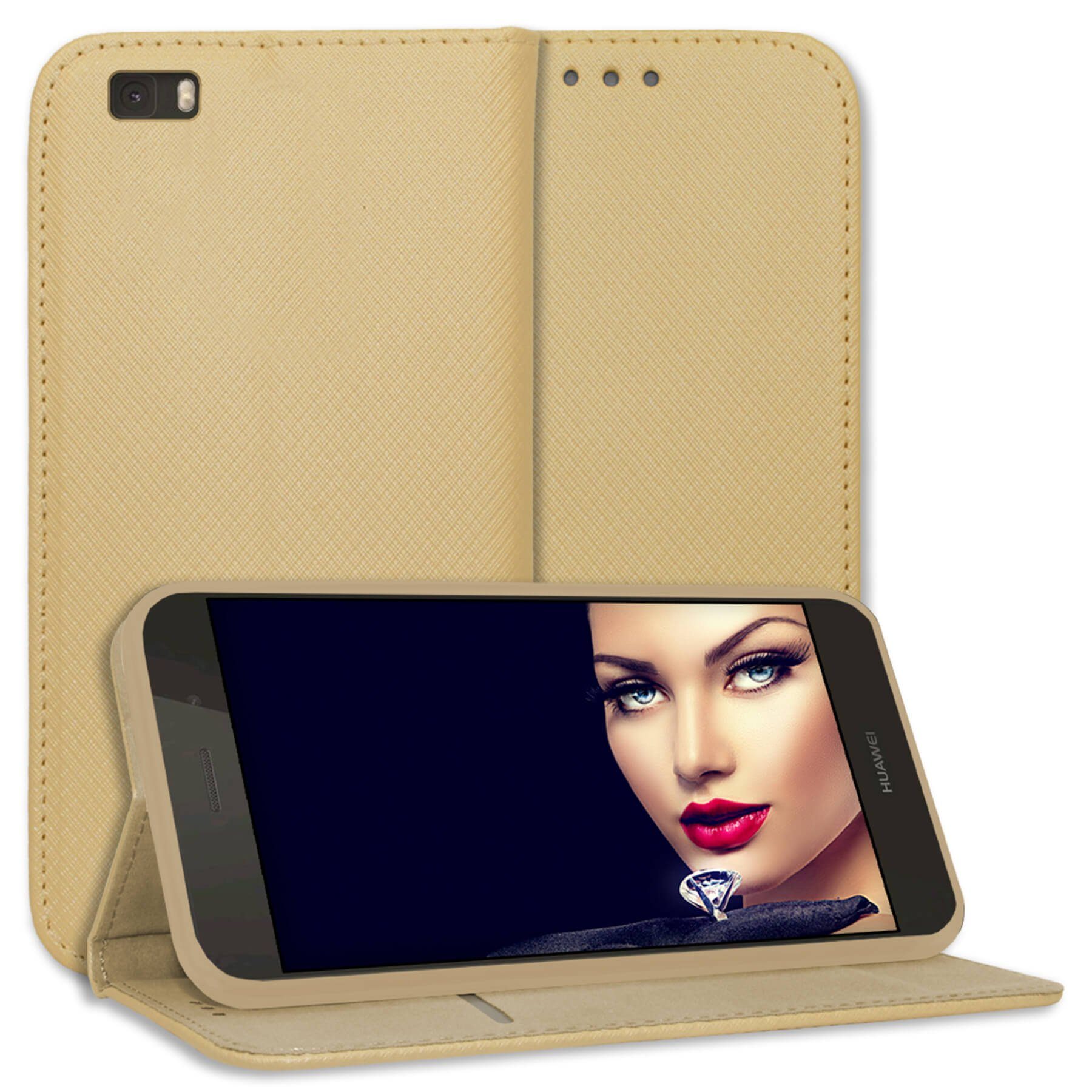 mtb more energy Smartphone-Hülle Smart Magnet für Huawei P8 Lite, Gold, Bookstyle Klapphülle Cover Wallet Case aus Kunstleder