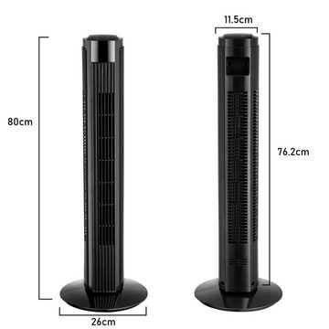 ZMH Turmventilator Schwarz Leise 90° Oszillierender für Schlafzimmer mit Fernbedienung, 80cm mit 3 Geschwindigkeiten Säulenventilator 7.5H Timer