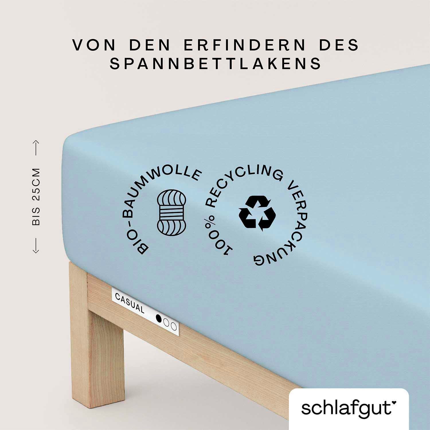 Schlafgut Spannbettlaken CASUAL Bettlaken 100% gekämmte Bio-Baumwolle, 150 g/m², Spannbetttuch, Jersey, Gummizug: rundum, (1 Stück), Bettlaken bis 25 cm Höhe, langlebig, weich, Antipilling-Ausrüstung