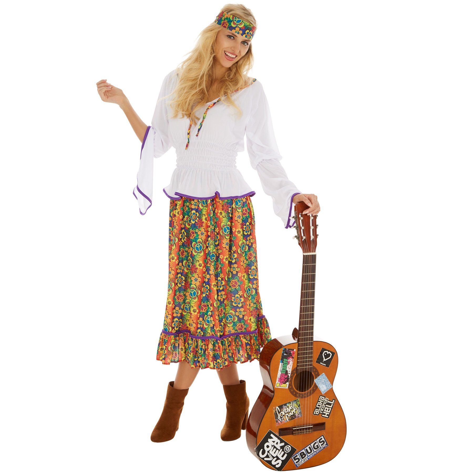 dressforfun Hippie-Kostüm Blumenkind, auch Friedensfreund, in bunt, Gr. XXL, Inkl. Haarband, Ausgestellte Ärmel, Rock mit Blumenprint im Retrolook der 70er