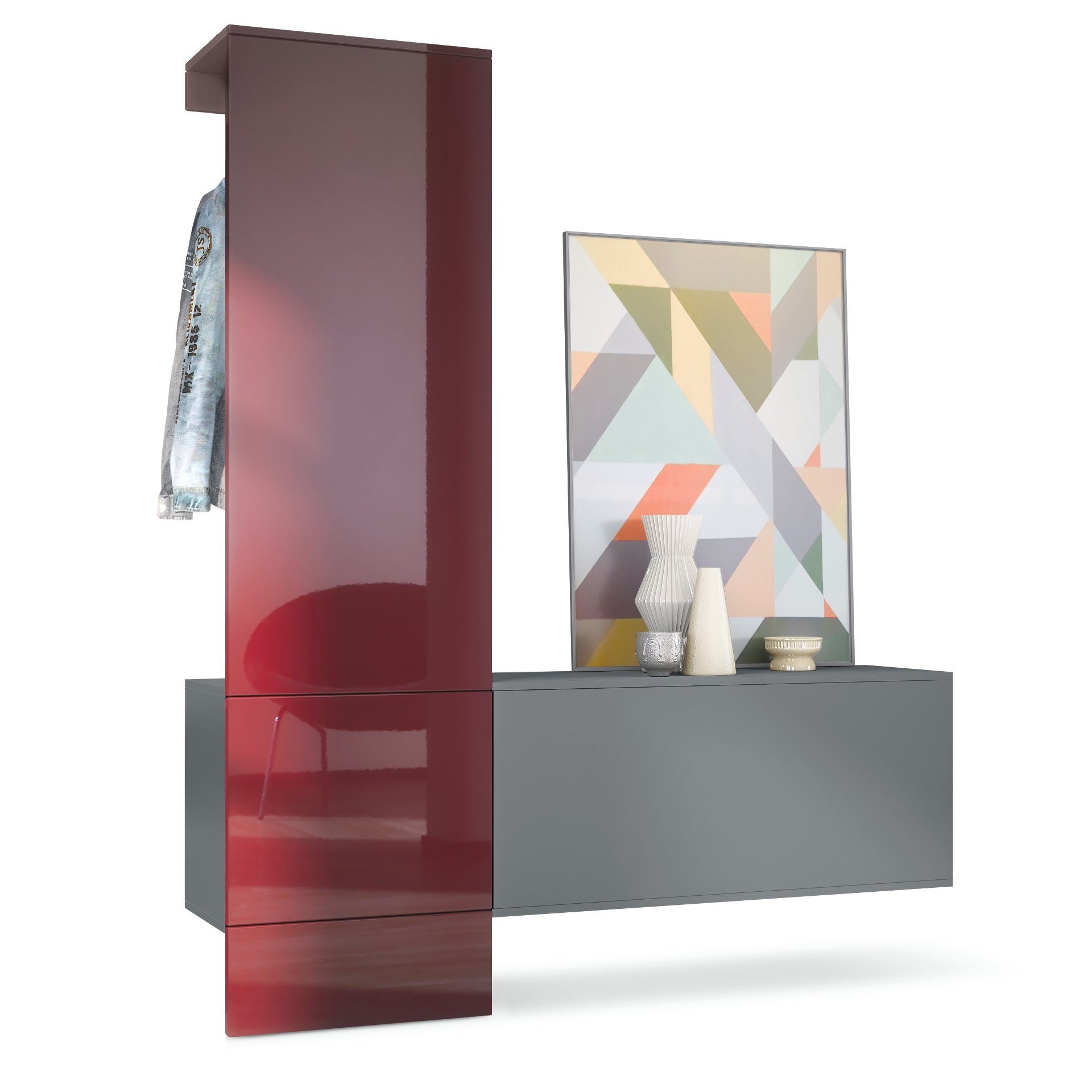 Vladon Шкафы-Set Carlton Set 4, (Wandgarderobe bestehend aus, 1 Paneel und 1 Schrankmodul), Anthrazit matt/Bordeaux Hochglanz (156,5 x 193 x 35 cm)