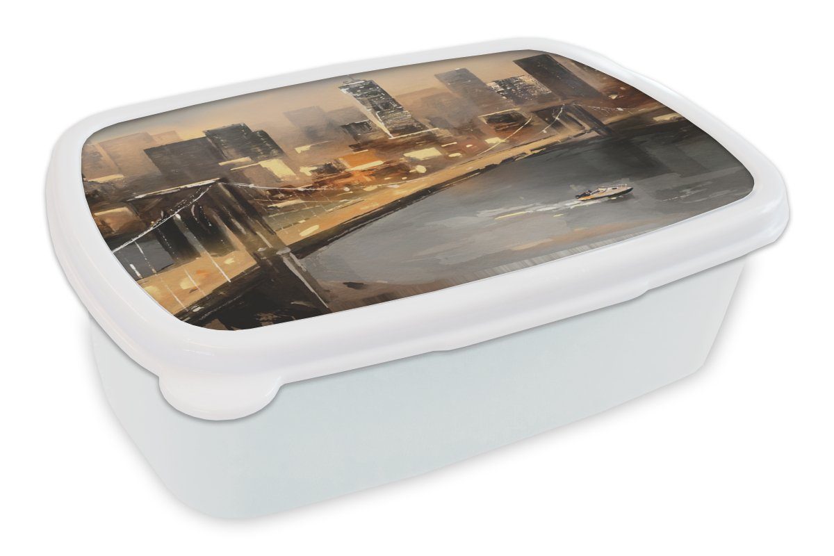 MuchoWow Lunchbox Gemälde - Öl - Skyline - Stadt - Wasser, Kunststoff, (2-tlg), Brotbox für Kinder und Erwachsene, Brotdose, für Jungs und Mädchen weiß