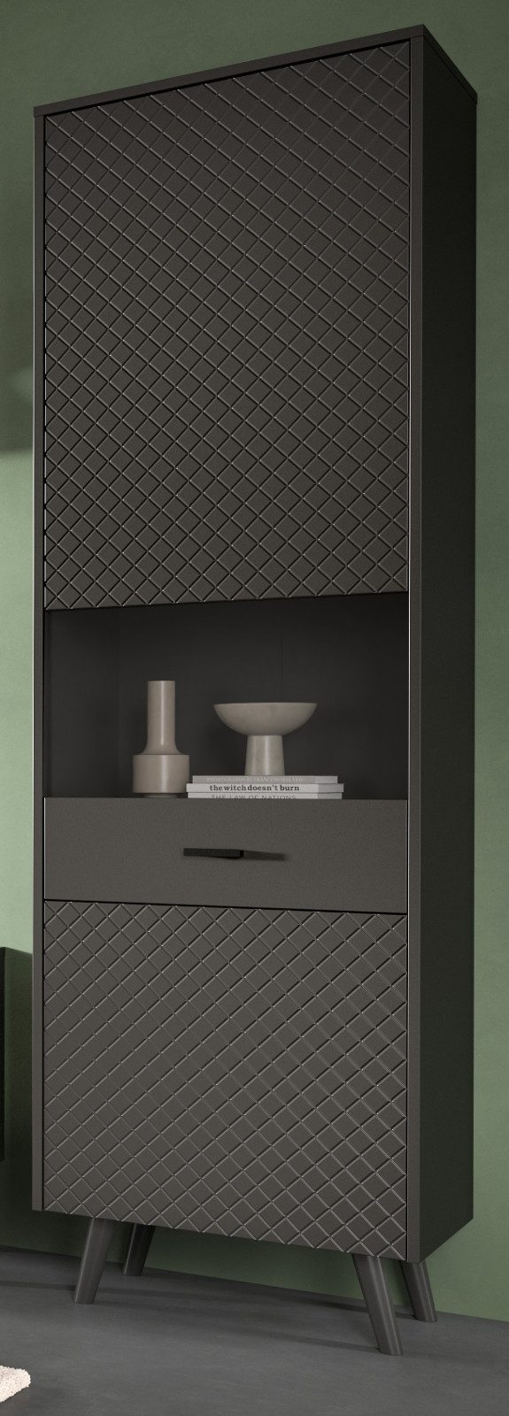 Inn.Furn Stauraumvitrine Madea (Vitrinenschrank in grau, 2-türig, 58 x 195 cm) mit Rautenfräsung