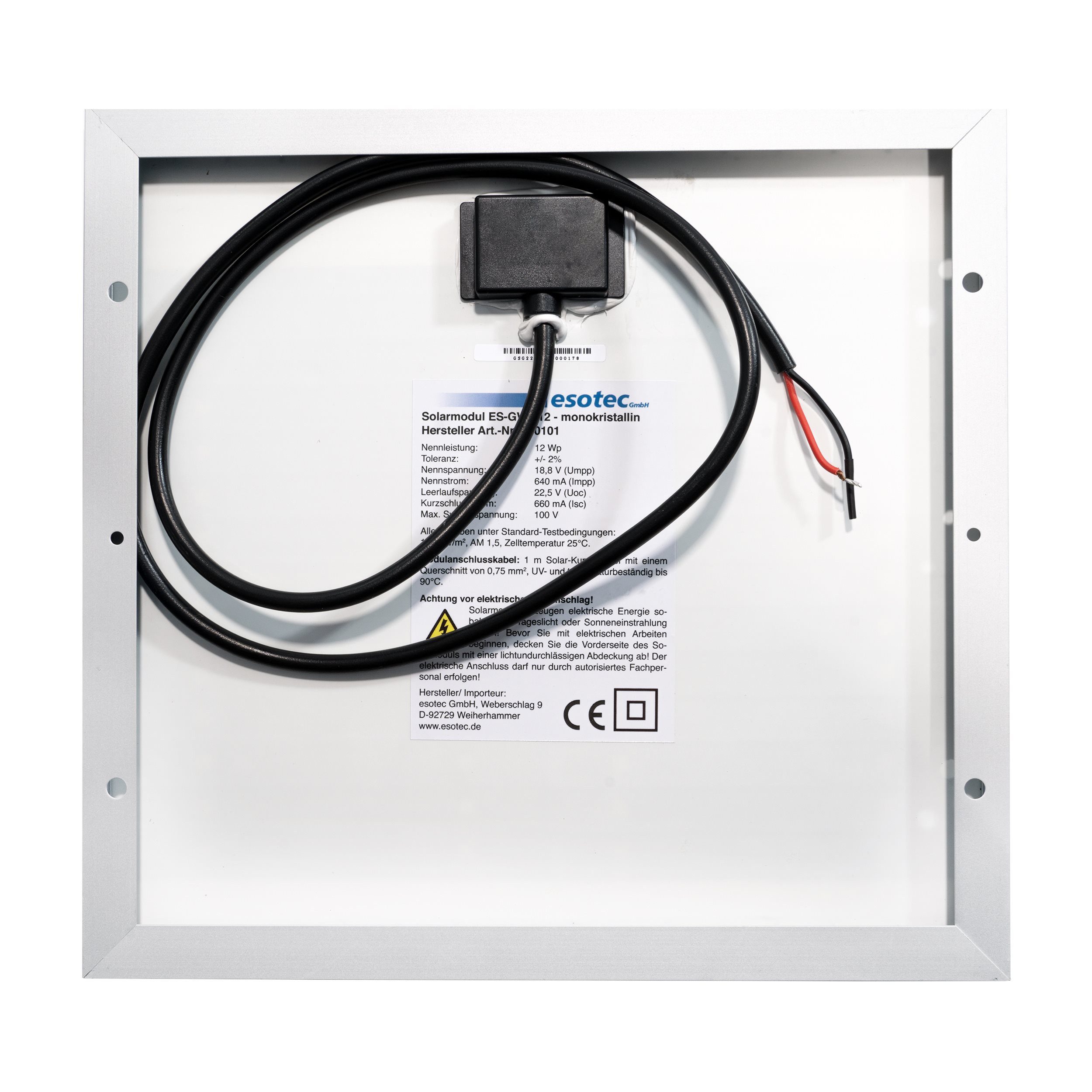 esotec Solarmodul Seraphim Solarpanel 12 Wp 18,8 V mono - 277 x 264 x 17 mm 130101, (Komplettset)