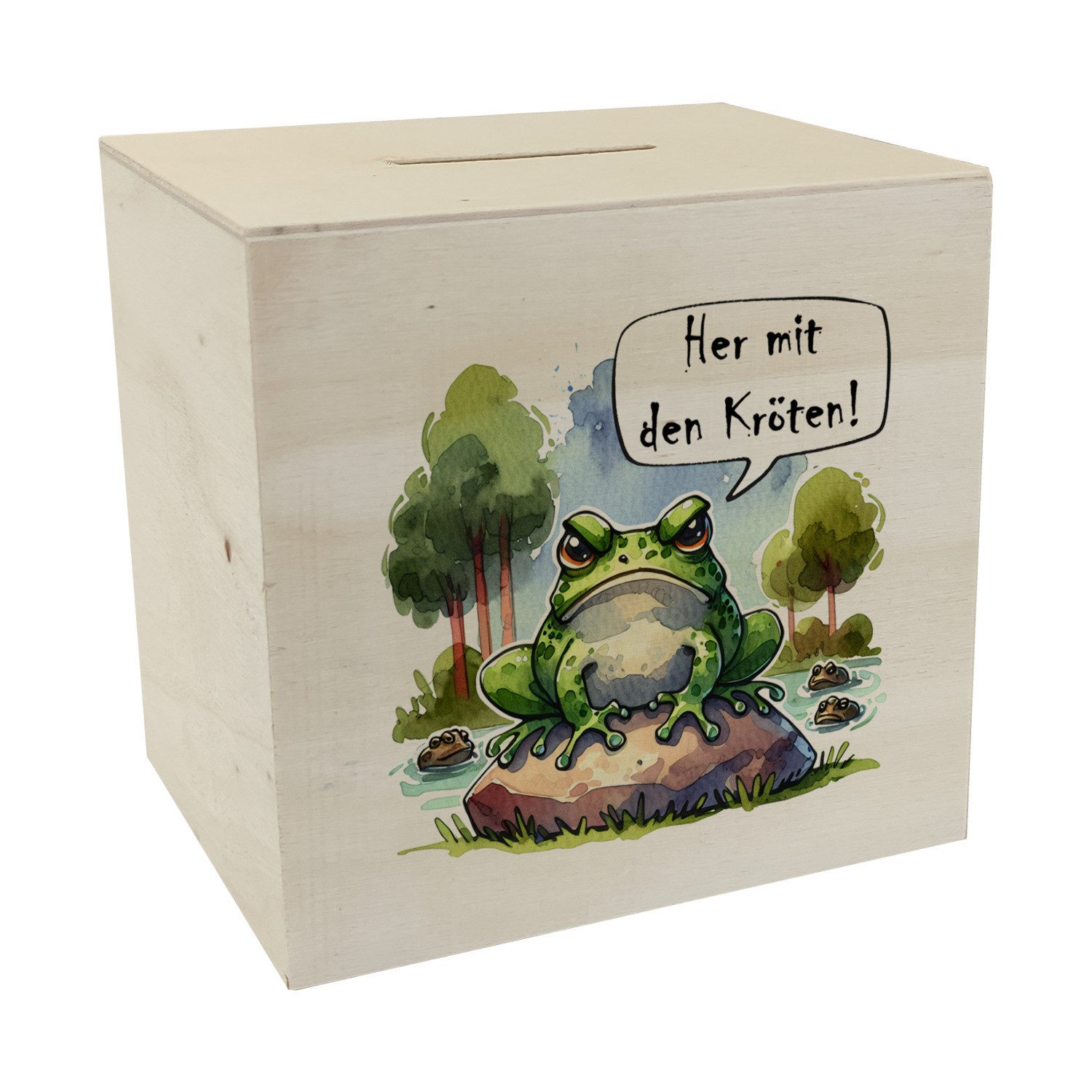 Spardose Griesgrämiger Frosch Spardose aus Holz mit Spruch Her mit den Kröten!
