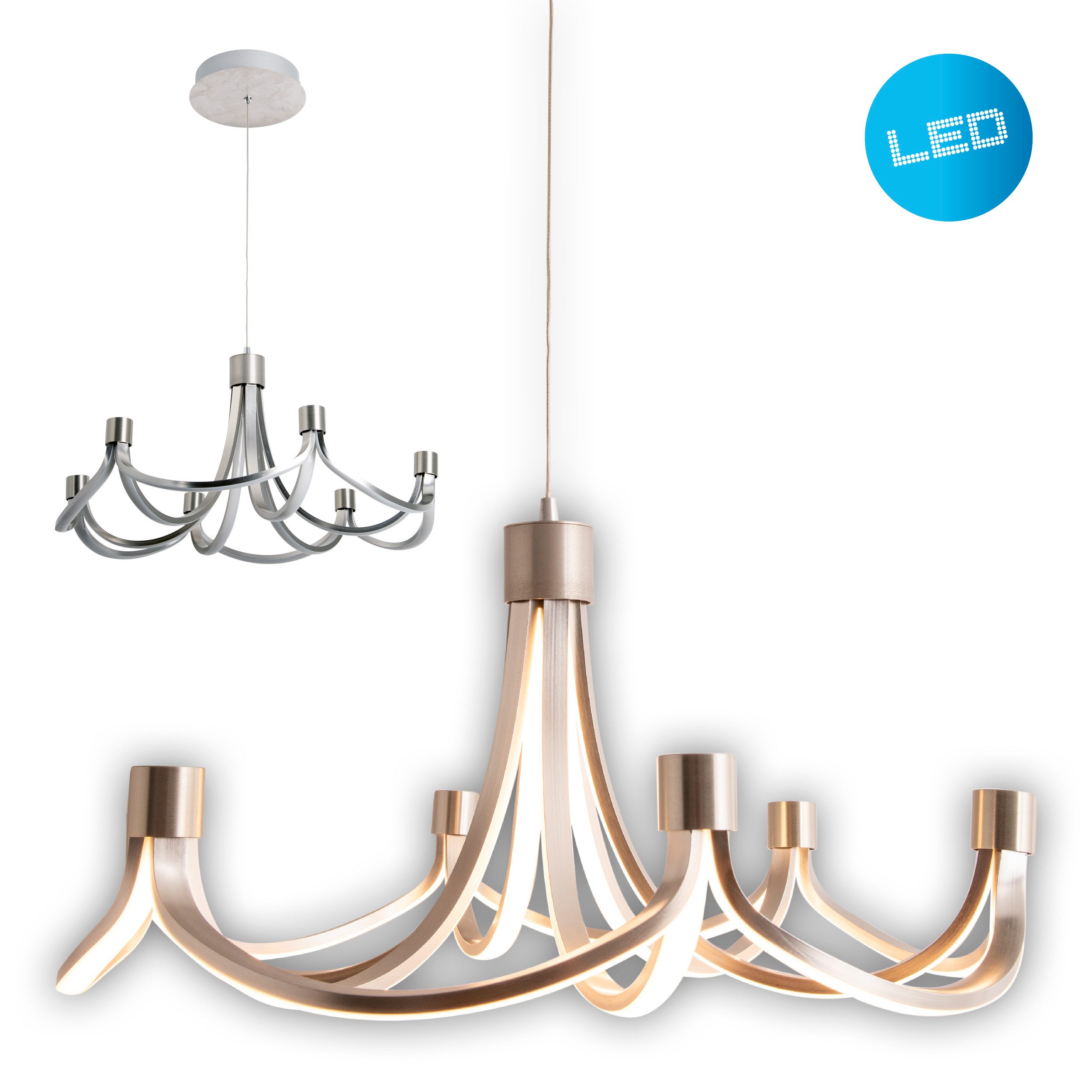 näve LED Pendelleuchte Festos, LED fest integriert, Kronleuchter, stufenweise dimmbar, satiniertes Metall, H: 150cm