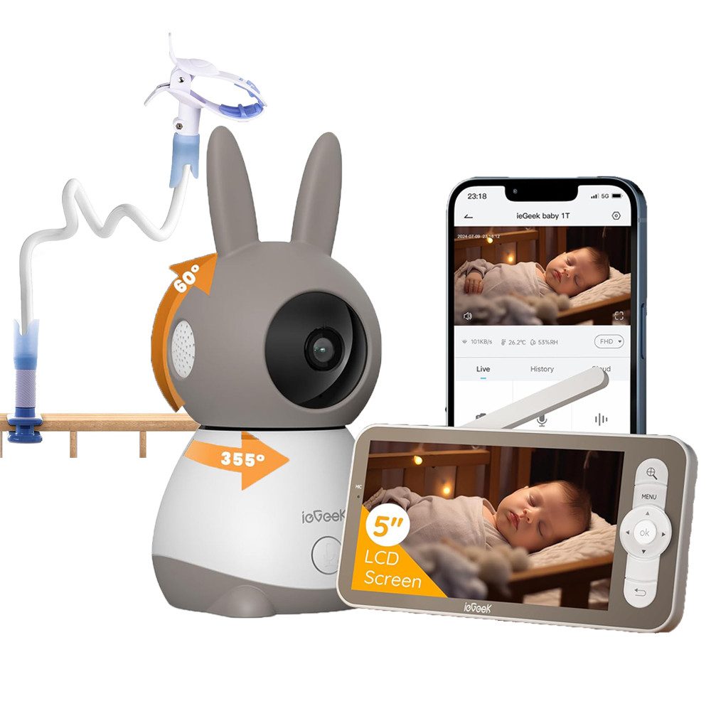 TWUFY Babyphone 5 Zoll WLAN Video babyfone PTZ 355° Babyphone mit Kamera 2K/3MP, IR-Nachtsicht, Automatische Verfolgung,Temperaturanzeige, Weinen/Bewegungs/Geräuscherkennung,unterstützt Mobile App Steuerung, Präzisere Warnungen,Schlafmodus&Schreierkenn,Gefahrenbereichserkennung
