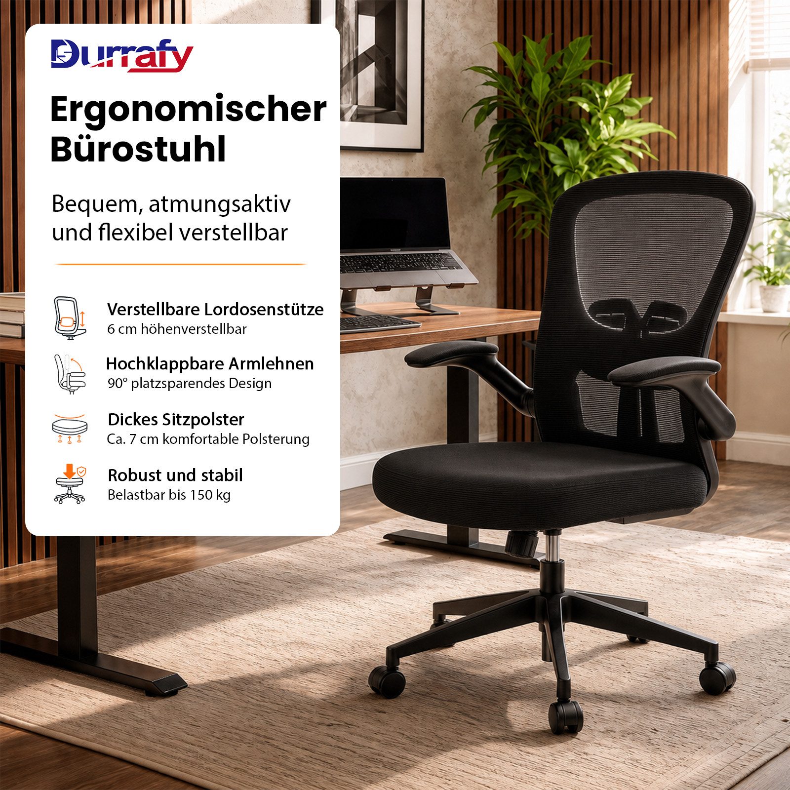 Durrafy Bürostuhl Ergonomischer Bürostuhl,Schreibtischstuhl mit klappbaren Armlehnen, Chefsessel mit 150 kg Tragfähigkeit – Bild 2 von 5