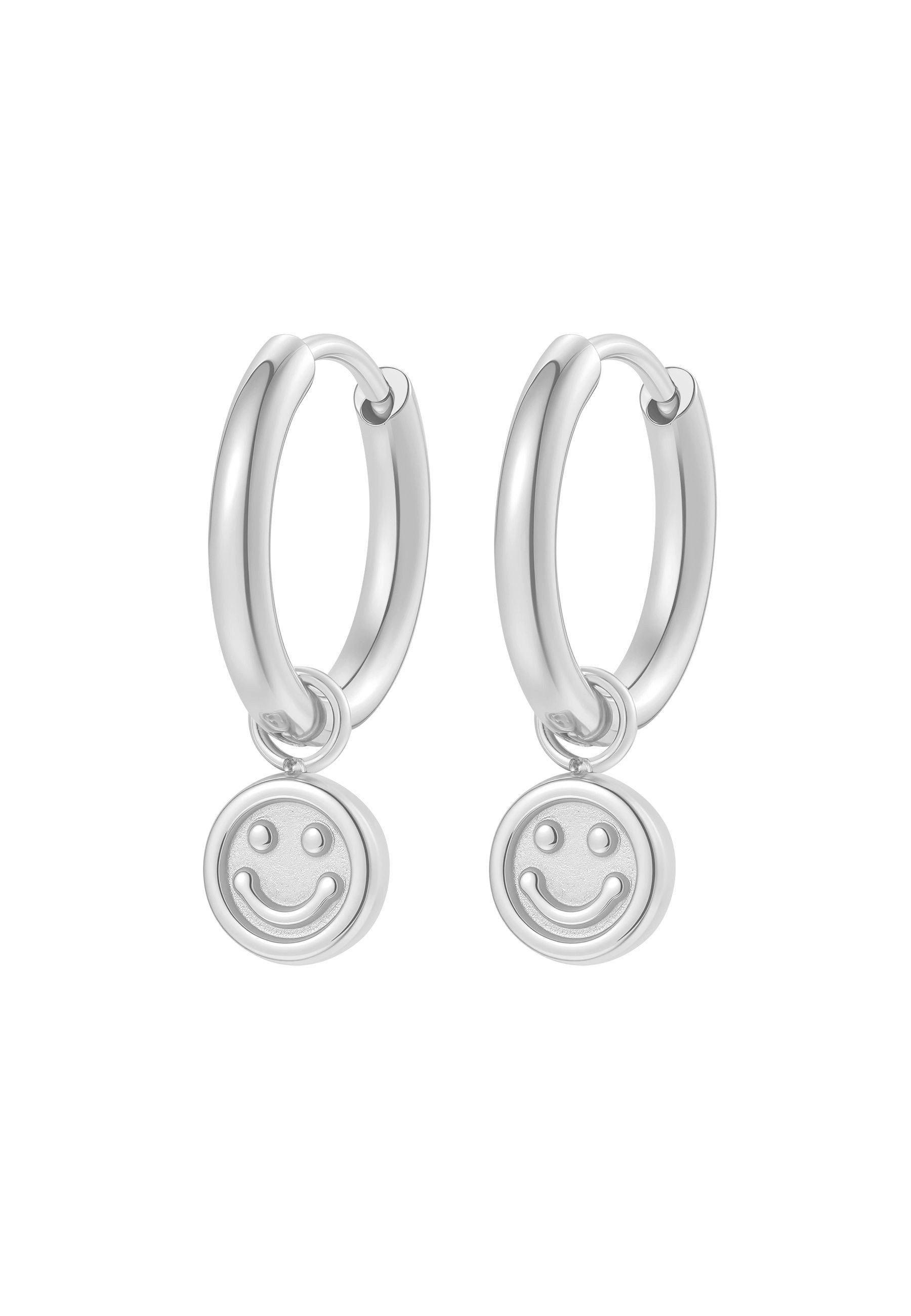 Hey Happiness Paar Creolen Smiley Charm, kleine Statement Ohrringe mit Anhänger, Moderne Creolen Damen Edelstahl, wasserfest