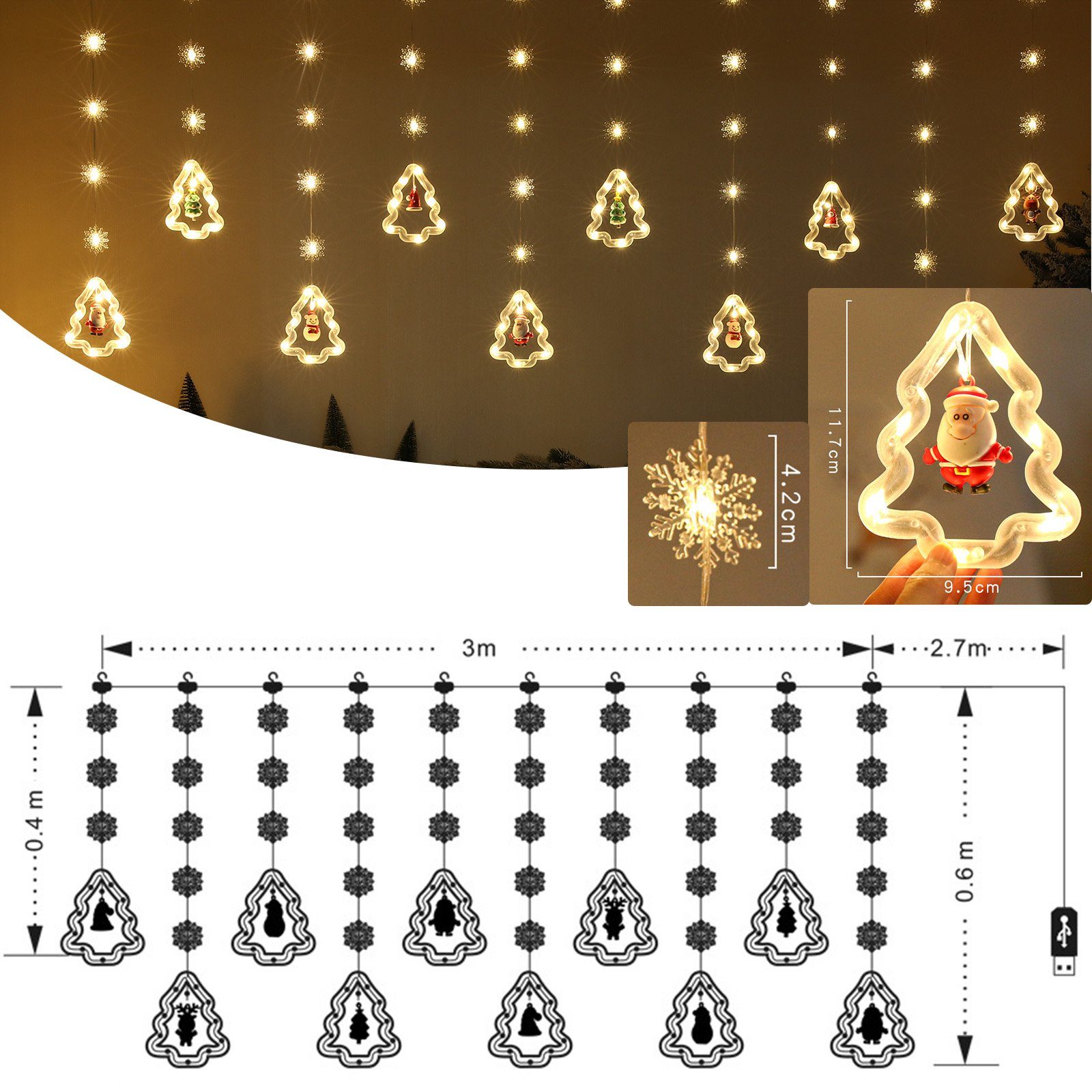 Rosnek LED-Lichtervorhang 3M, Schneeflocke, 8 Glitzermodi, für Weihnachtsparty-Dekoration, 10 Silikon Weihnachtsschmuck