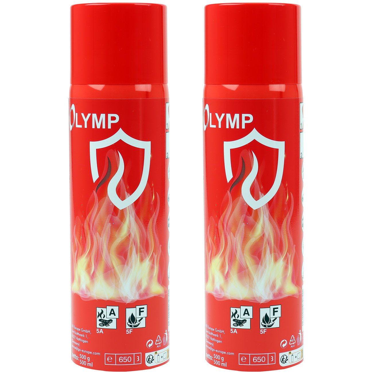 OLYMP Feuerlöschspray Feuerlöschspray 500ml Schaum Feuerlöscher Küche Fettbrand BS 6165, (2-St., 1er/2er-Set) für Fett- & Elektrobrände bis 1000V, BS 6165