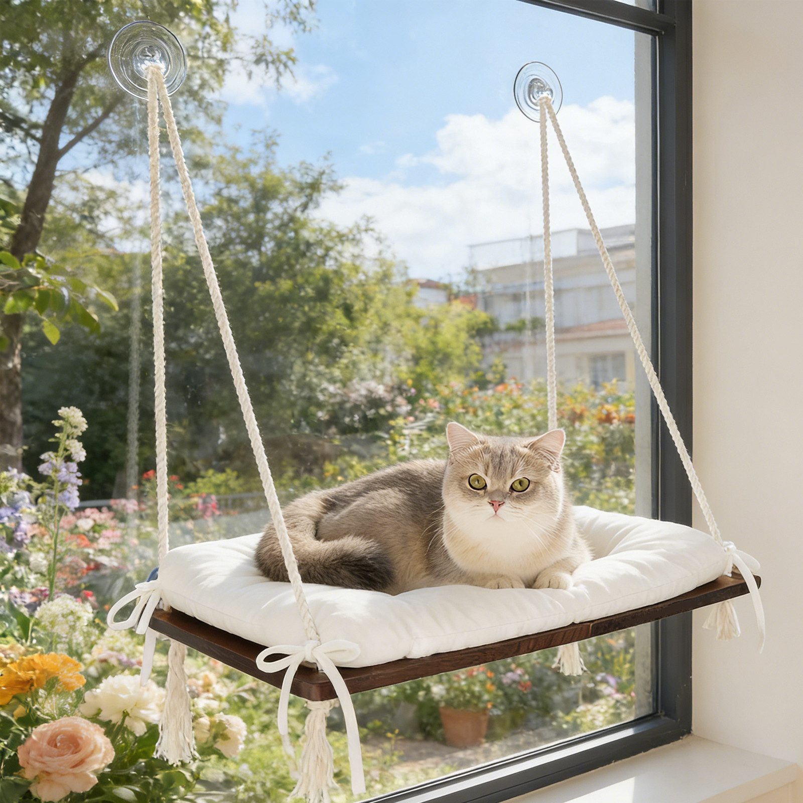 CheerPals Tierbett Fenster-Katzenhängematte aus Massivholz, starke Saugnäpfe, Polyesterfaser