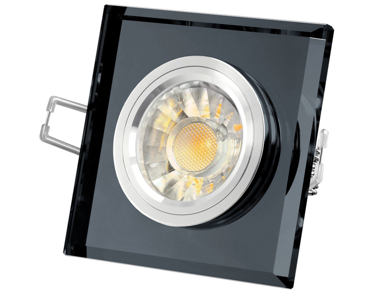 Glas SSC-LUXon spiegelnd, LED-Einbaustrahler schwarz Alu LED quadratisch, Einbaustrahler Warmweiß Innenring,