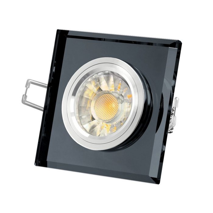 SSC-LUXon LED Einbaustrahler Glas LED-Einbaustrahler quadratisch schwarz spiegelnd Alu Innenring 7W LED warmweiß DIMMBAR GU10 230V Warmweiß