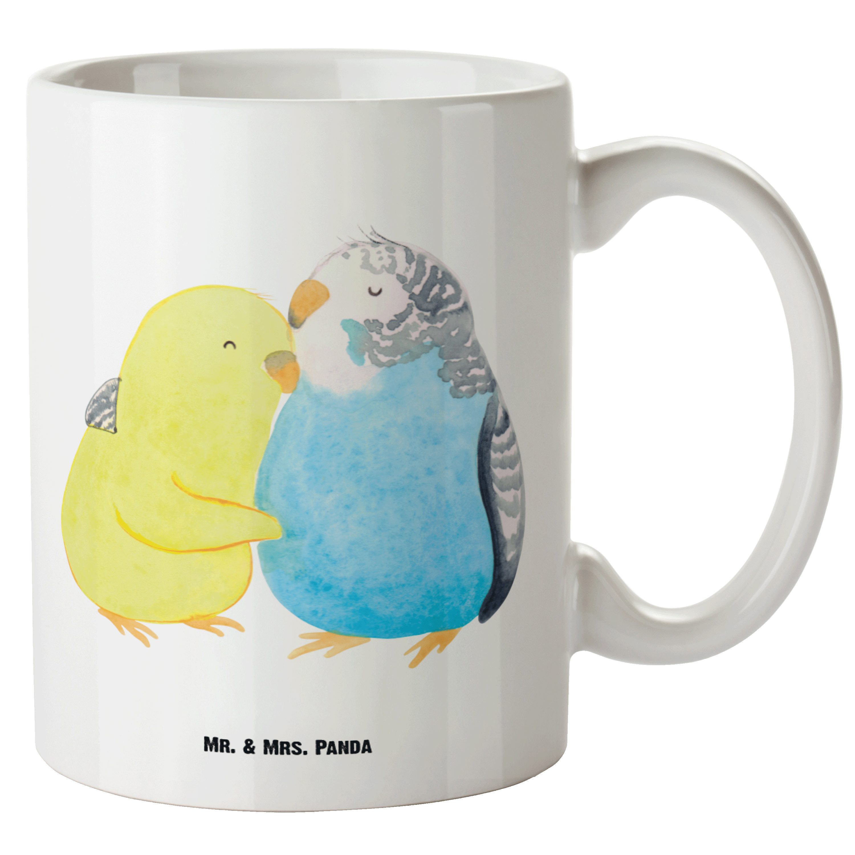 Mr. & Mrs. Panda Tasse Wellensittich Liebe - Weiß - Geschenk, Grosse Kaffeetasse, glücklich, XL Tasse Keramik