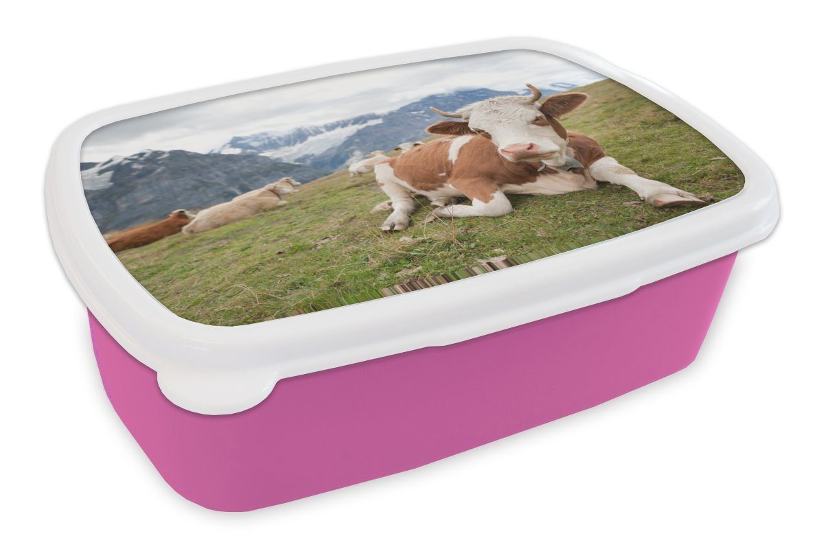 Wiese Kinder, (2-tlg), für Mädchen, Kunststoff, - Lunchbox Kunststoff Erwachsene, MuchoWow Brotbox Alpen, Brotdose rosa - Snackbox, Kühe