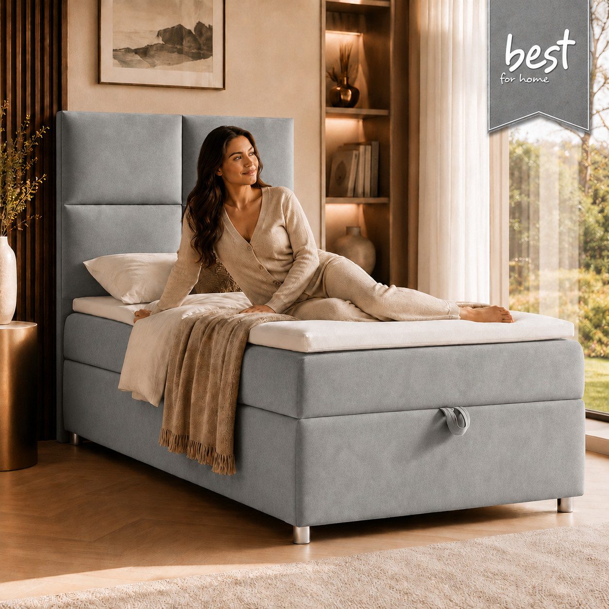 Best for Home Boxspringbett Trinity K-2 mit Bettkasten & Topper – Komfort & Stauraum (Einzelbett, Hotelbett, Polsterbett gepolstertes Kopfteil, Jugendbett, Kinderbett versch. Größen, 1-St., 70x200 80x200 90x200 100x200 cm), Einzel-Boxspringbett mit integriertem Stauraum, gepolstertem Kopfteil