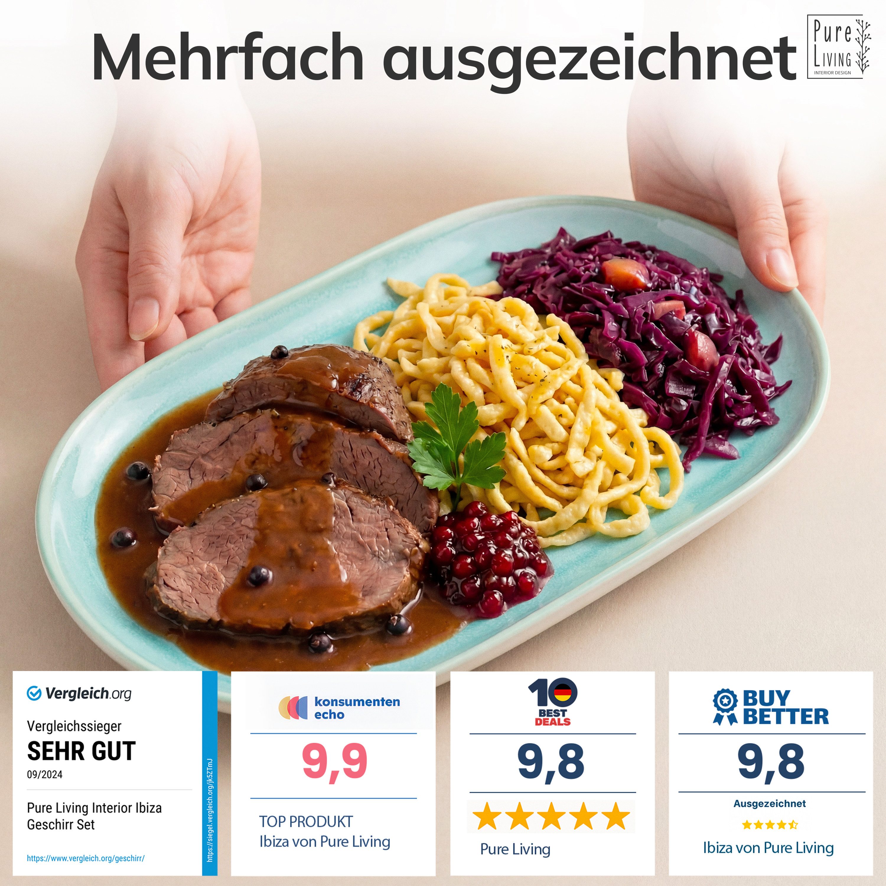 PURE LIVING INTERIOR DESIGN Geschirr-Set Pure Living Servierplatte »Ibiza«, oval, Steingut, Türkis, 1 Personen, Steingut, Ovale Form – perfekt zum Anrichten, Elegantes Servierdesign, Reaktive…
