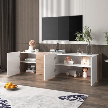 WISHDOR TV-Schrank Lowboard Fernsehtisch (mit 3 Schubladen und 3 Türen) mit Paneel in Weiß und Holzfarben,TV-Board freistehend/hängend