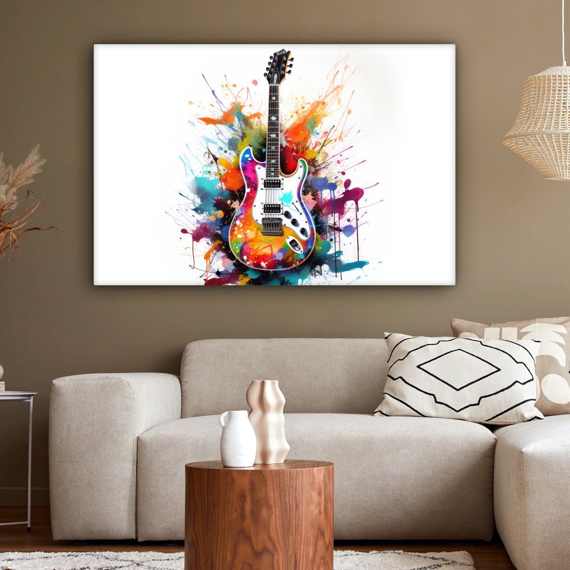OneMillionCanvasses® Leinwandbild Gitarre - Graffiti 120x80 Wohnbereiche, (1 Wandbild XXL, für Gemälde, - St), cm Musik Weiß, alle - großes