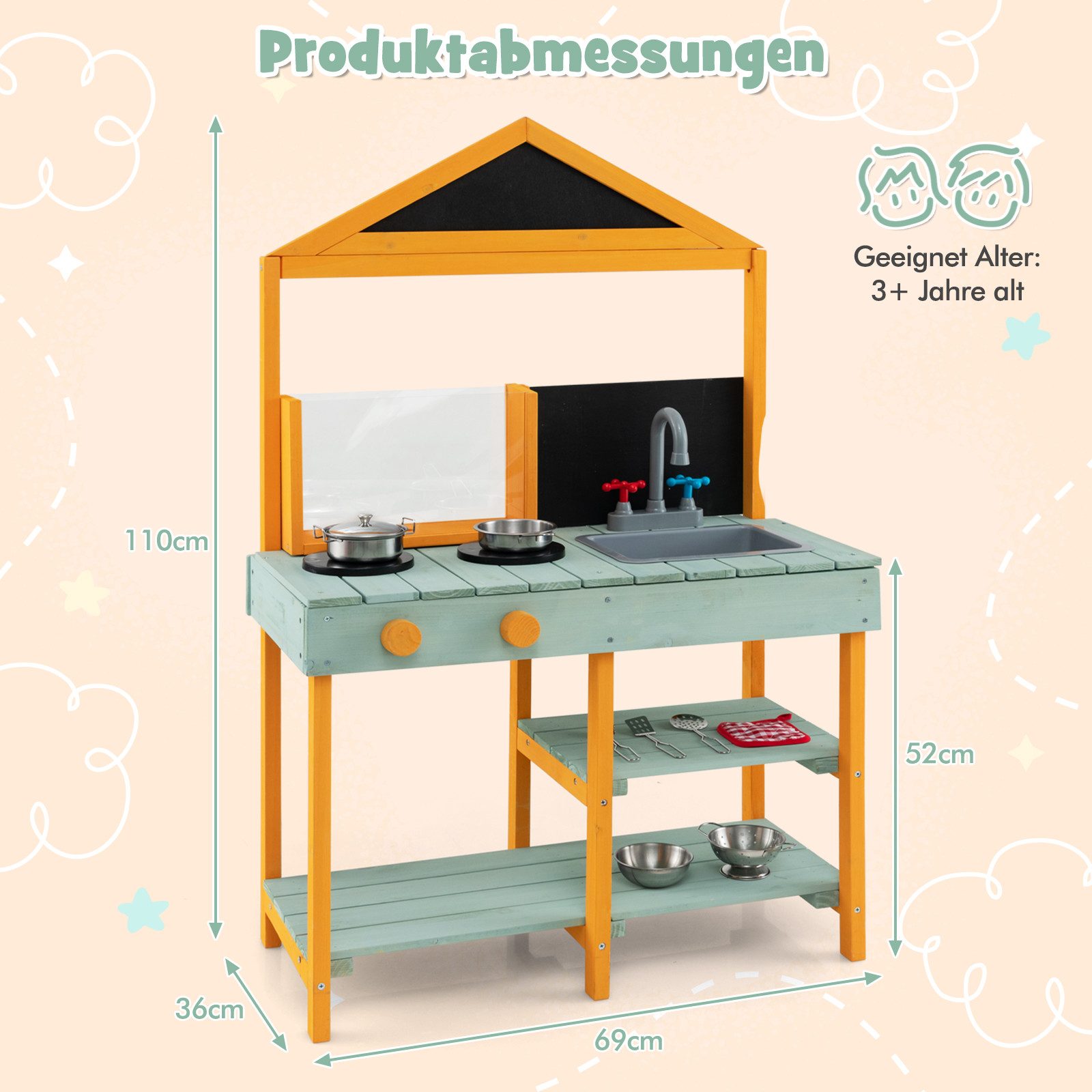KOMFOTTEU Outdoor-Spielküche, Spielküche aus Holz mit 2 Tafeln, Pflanzbehälter